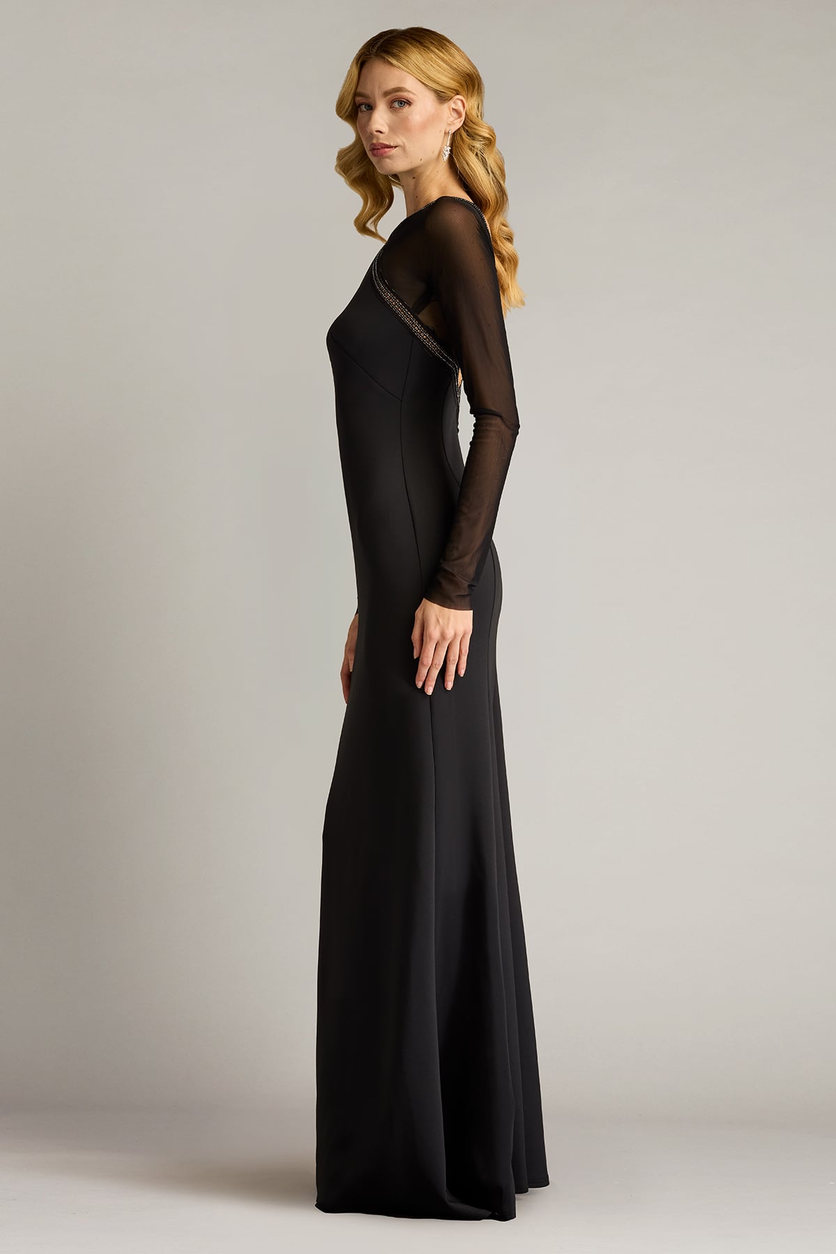 Black Illusion High-Neck Floor-Length Scuba Mother of the Bride Dress with Long Mesh Sleeves Tadashi Shoji SAGD25037L