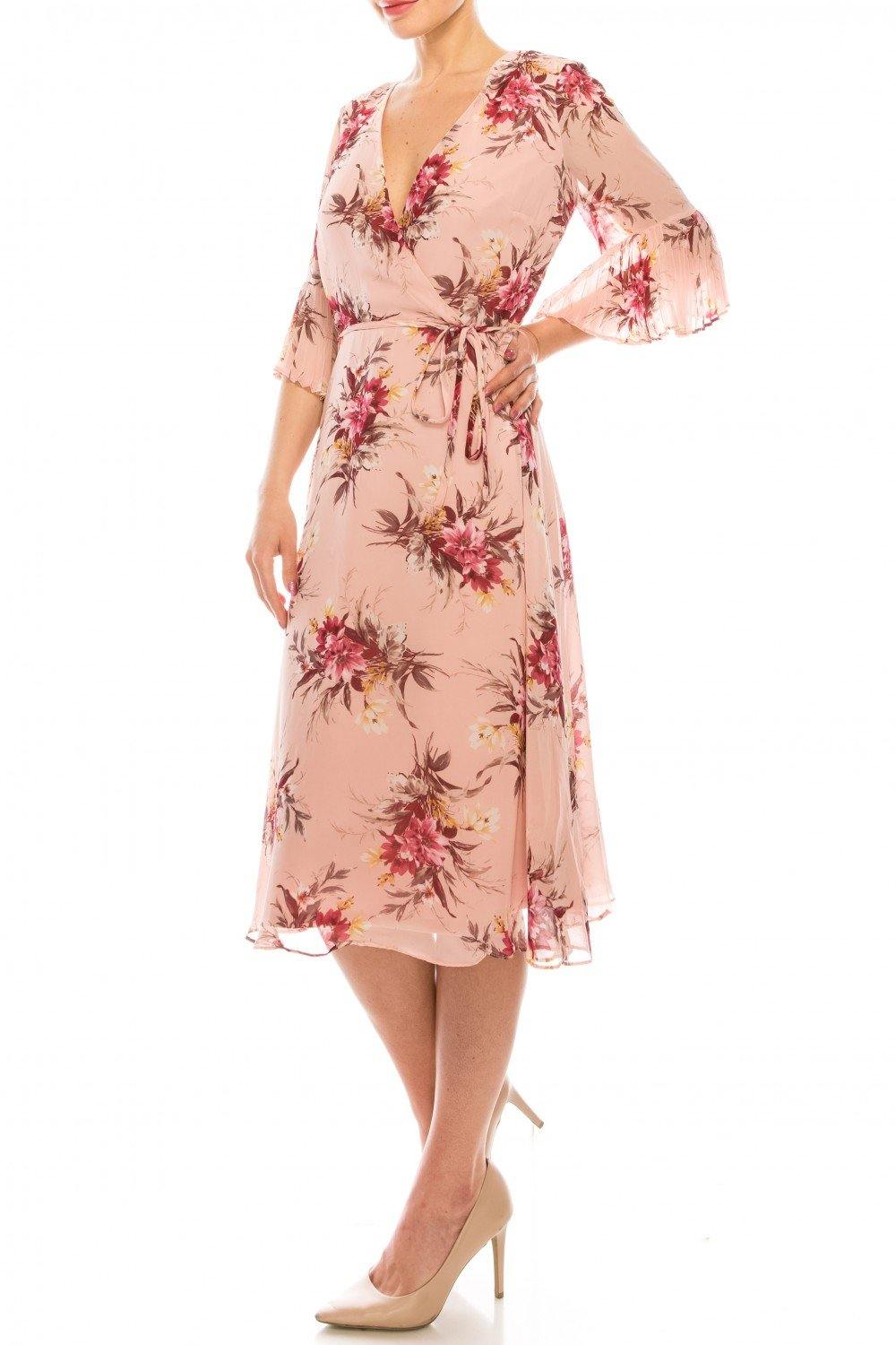 Sandra Darren Floral Printed Midi Faux Wrap Dress - The Dress Outlet