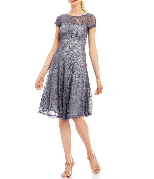 Sangria Short Sleeve Embellished Flutter Mesh Dress - The Dress Outlet