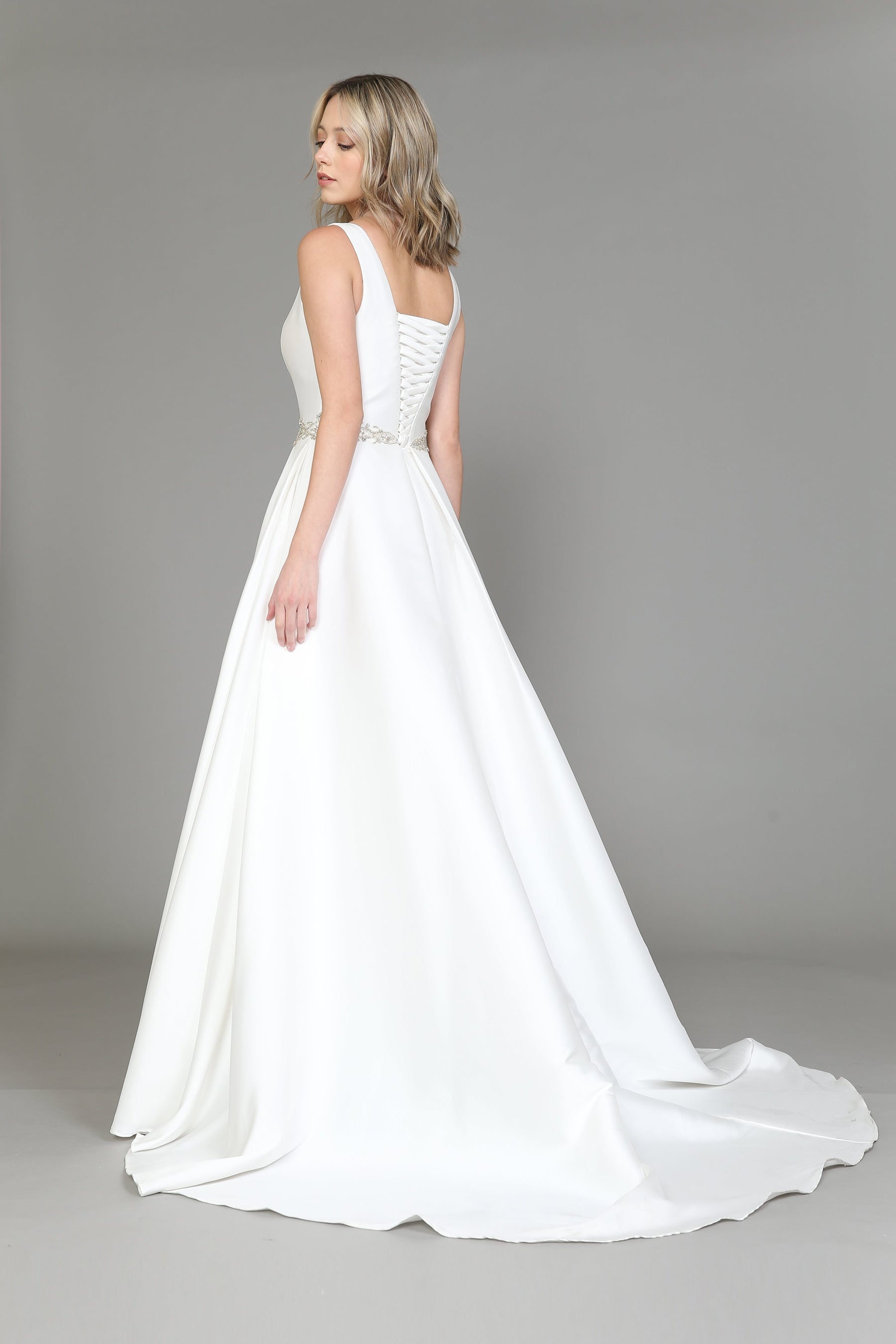 Off White Scoop Neck Floor Length Satin Wedding Gown with Lace Up Back A-line Dress Poly USA 8518