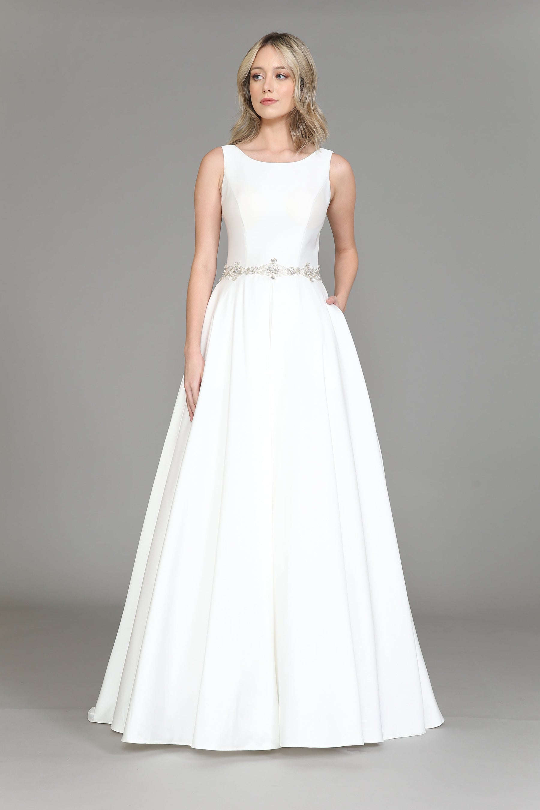 Off White Scoop Neck Floor Length Satin Wedding Gown with Lace Up Back A-line Dress Poly USA 8518