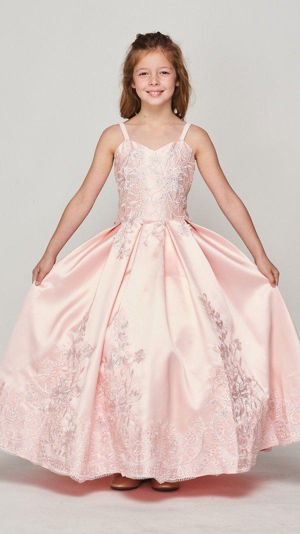 Cinderella Couture Satin Long Flower Girl Dress - Blush - Size 12 - Elegant with Lace and Embroidery Cinderella Couture Satin Long Flower Girl Dress - Blush - Size 12 - Elegant with Lace and Embroidery