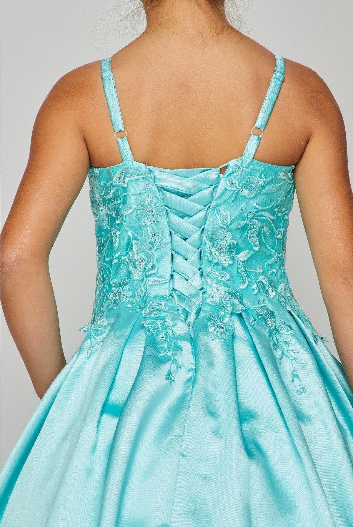 Lace Cap Sleeve Satin Long Flower Girl Dress with Bow Turquoise