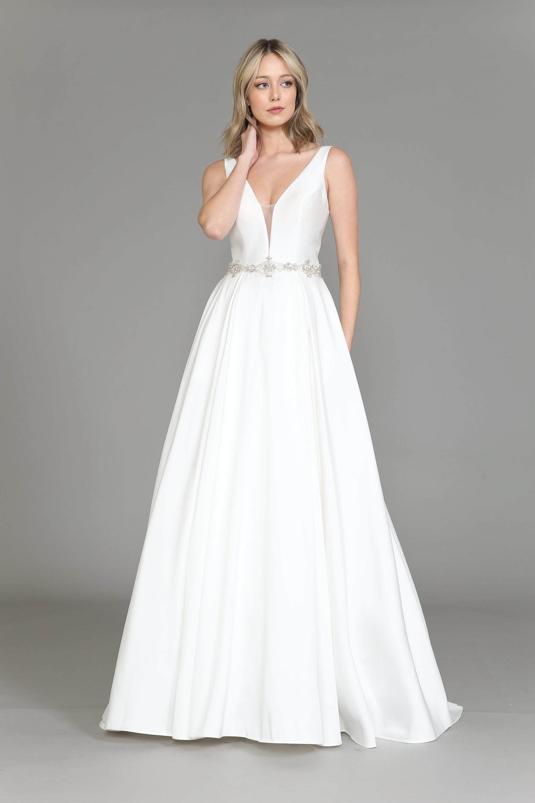 Off White V Neck Floor Length Satin Wedding Gown with Sweep Train Lace Up Back Dress Poly USA 8498
