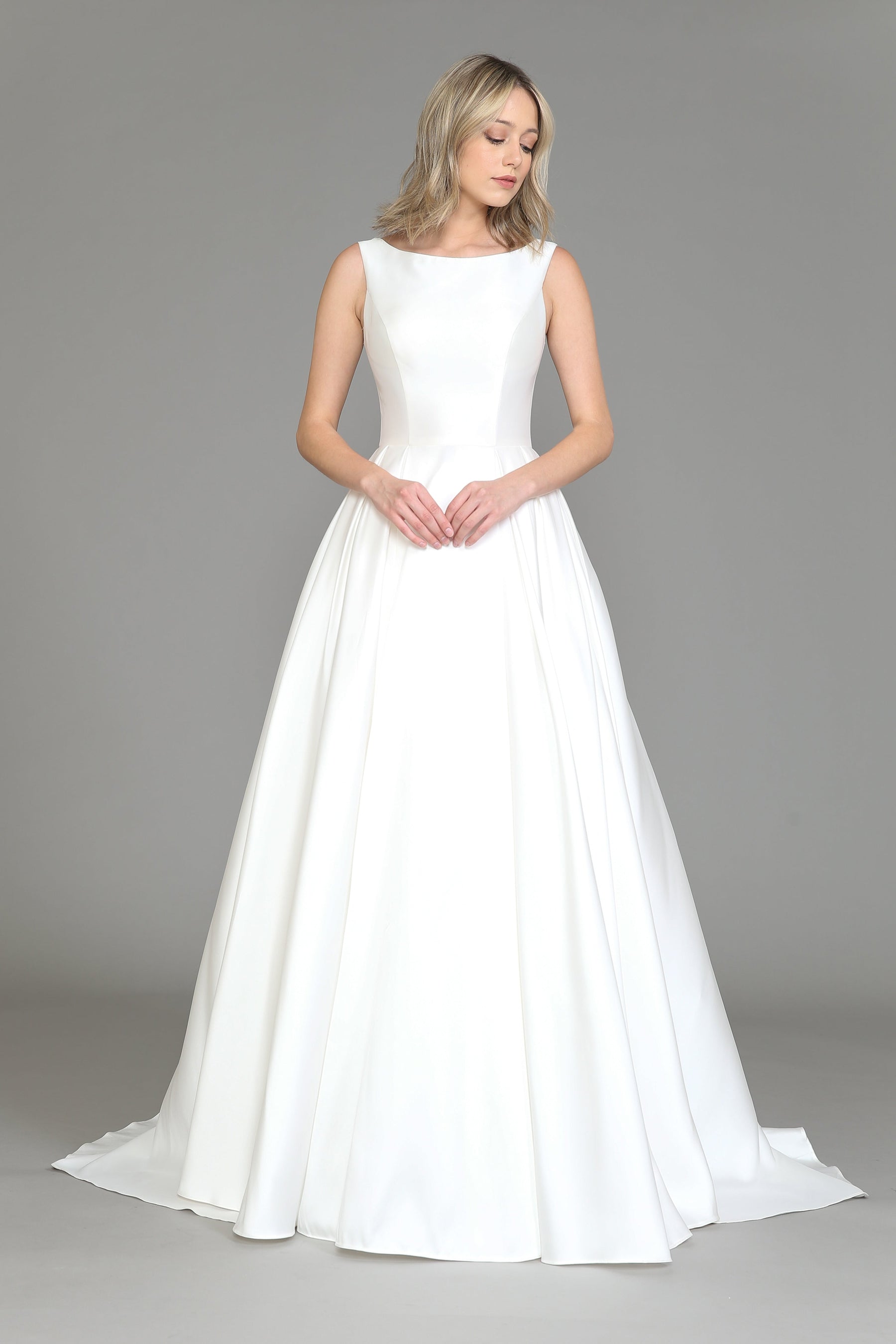 Off White Round Neck Floor Length Satin Wedding Gown with Floral Embroidery A-line Dress Poly USA 8534