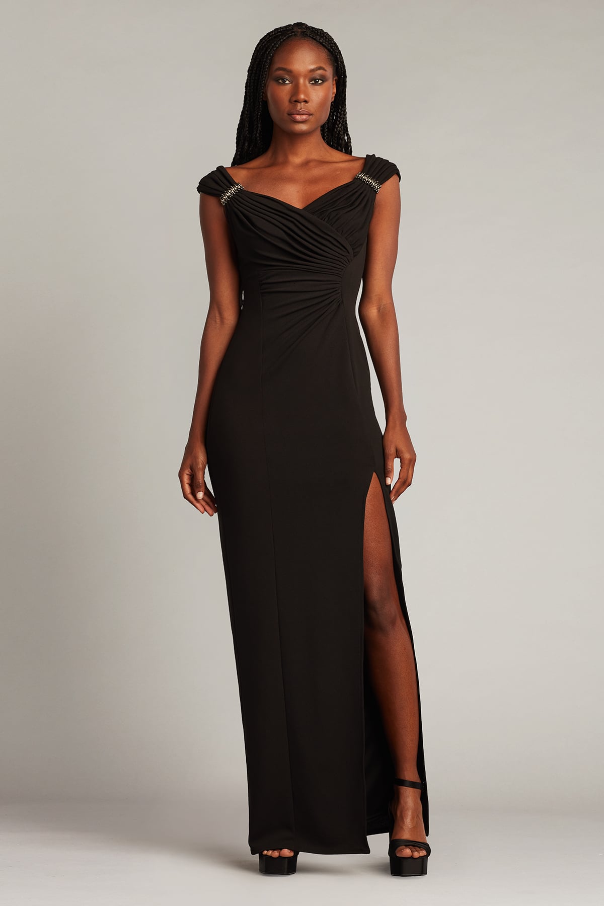 Black Off-the-Shoulder Floor-Length Jersey Prom Gown with Side Slit Tadashi Shoji SBOS23145L