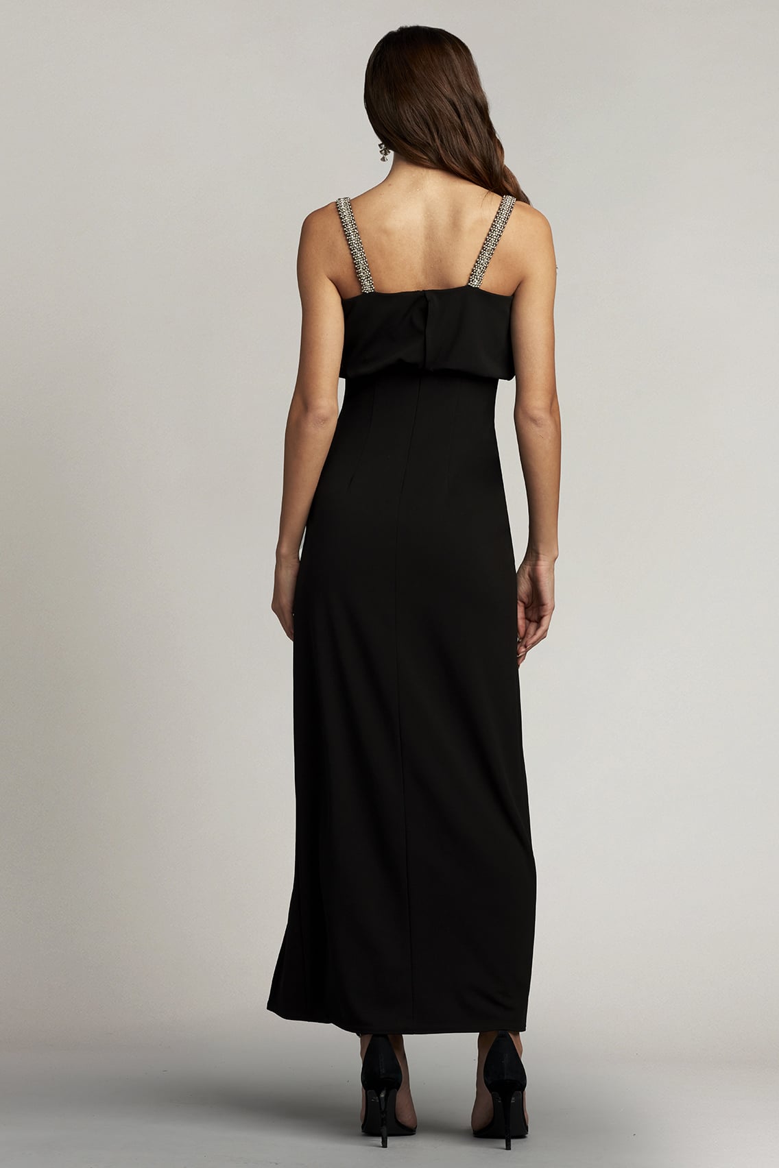Black V-Neck Floor-Length Scuba Prom Gown with Beaded Straps Tadashi Shoji SBOS23154MD