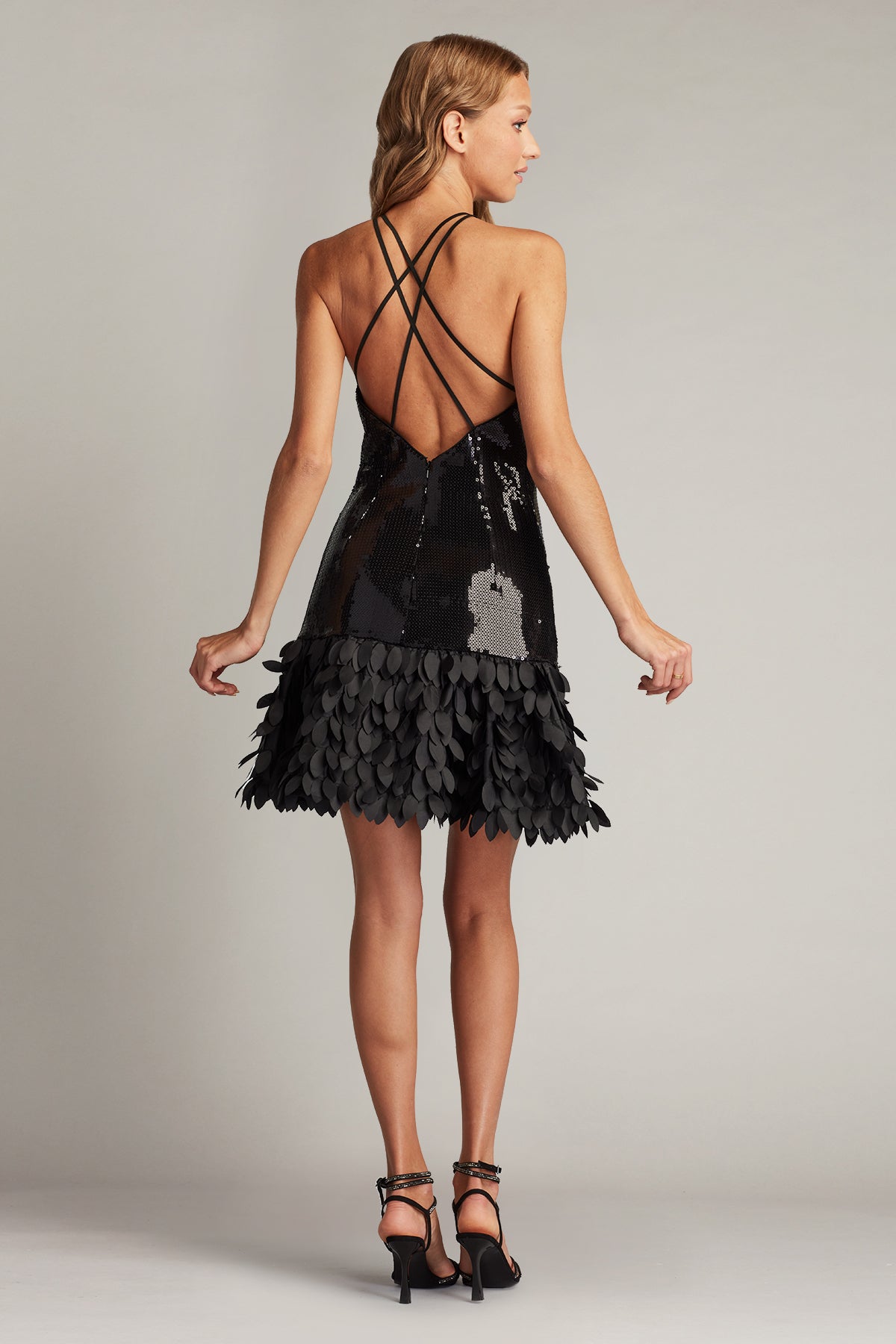Black High-Neck Mini Sequin Cocktail Dress with Petal-Hem Tadashi Shoji SCFB23355S