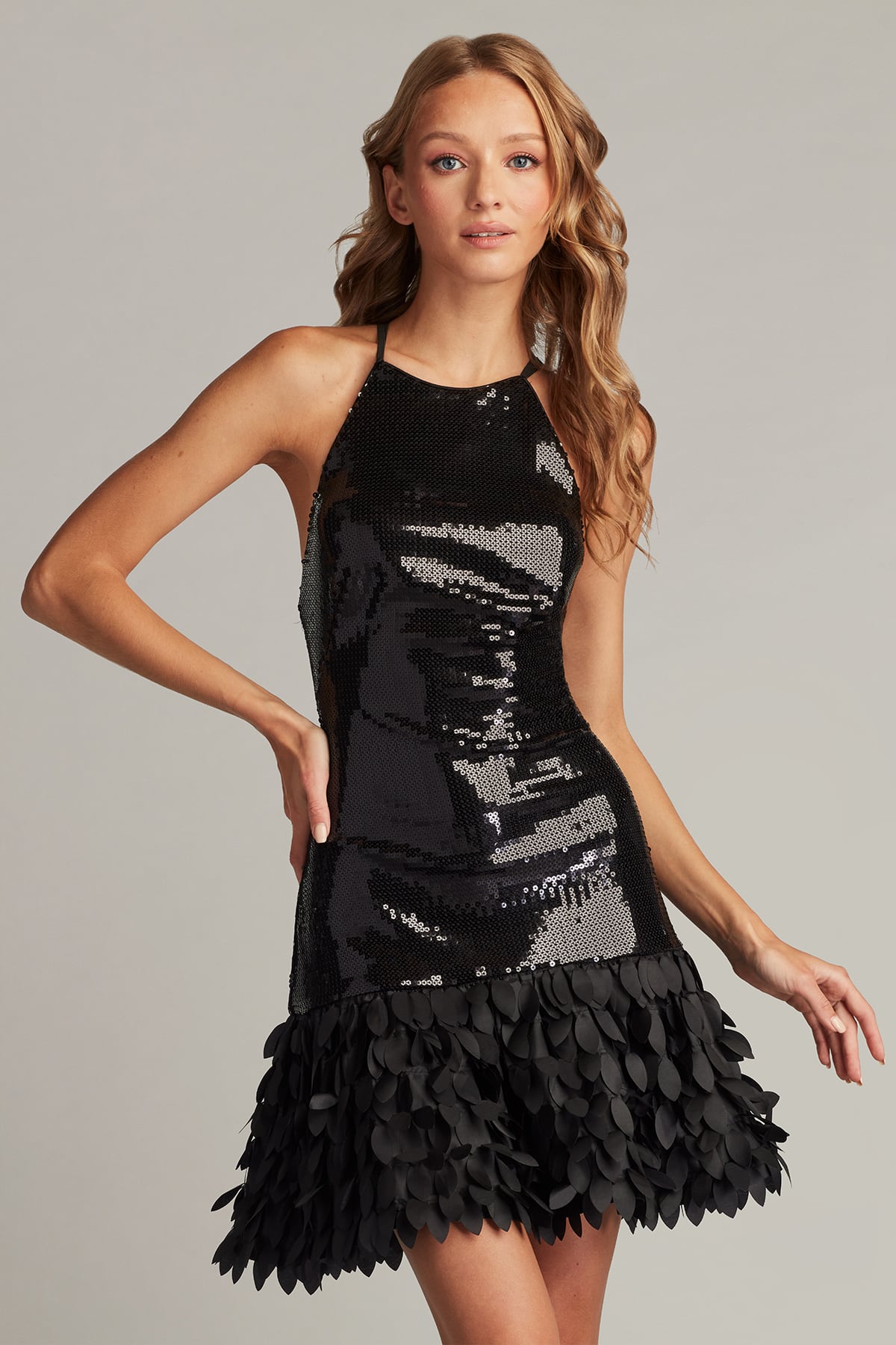 Black High-Neck Mini Sequin Cocktail Dress with Petal-Hem Tadashi Shoji SCFB23355S