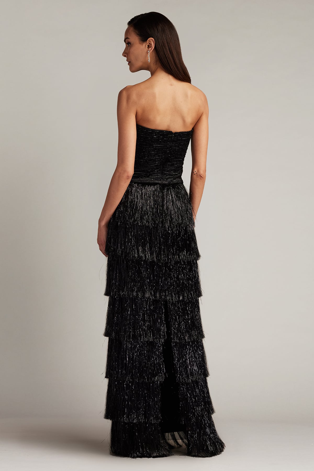 Black Strapless Floor-Length Shimmer Fringe Evening Tiered Gown with Back Slit Tadashi Shoji SCHC24665L