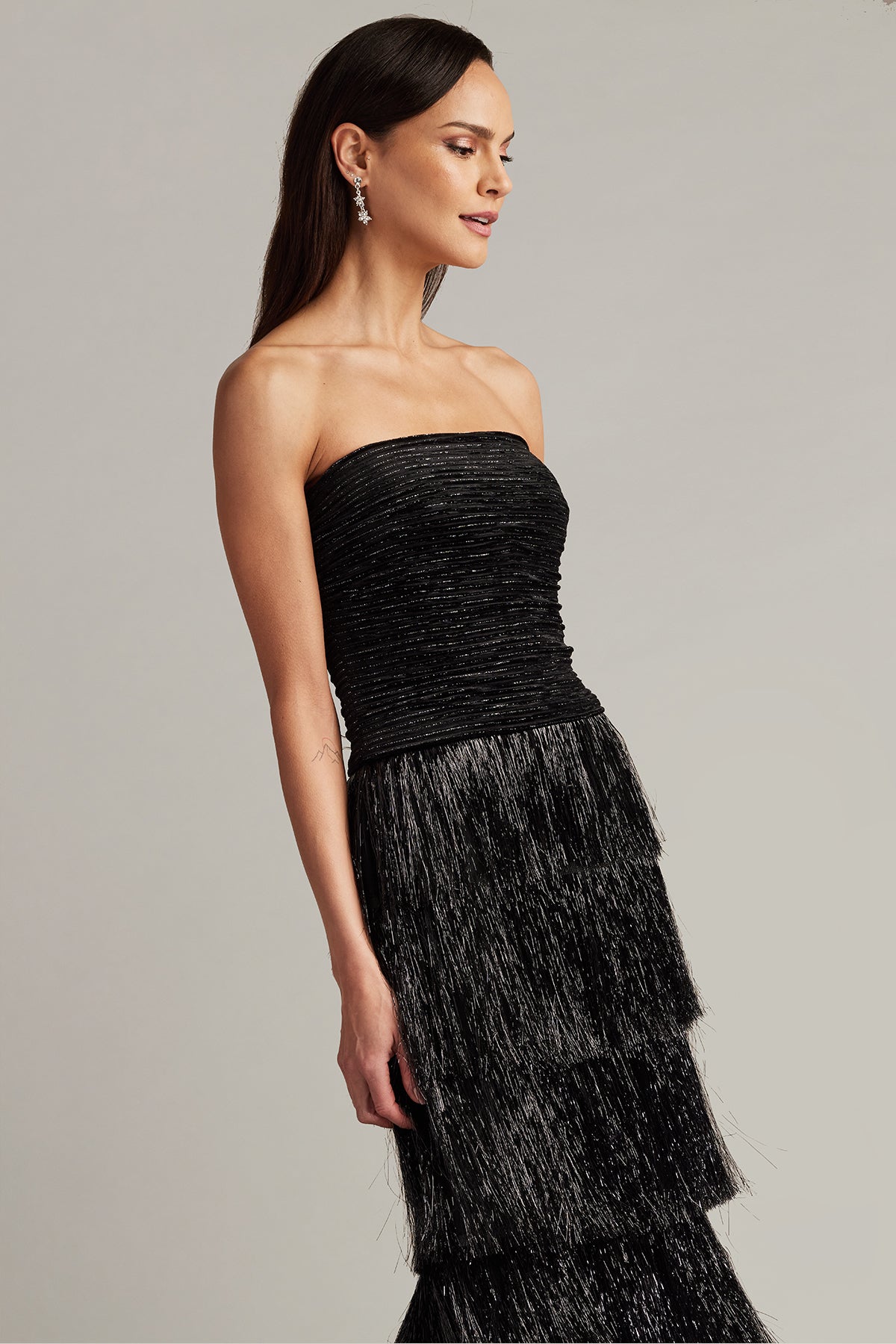 Black Strapless Floor-Length Shimmer Fringe Evening Tiered Gown with Back Slit Tadashi Shoji SCHC24665L