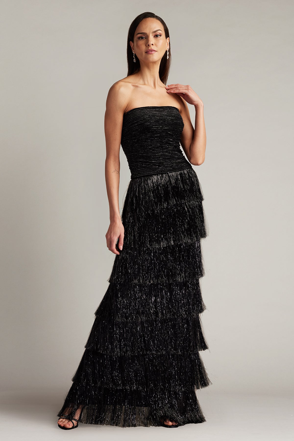Black Strapless Floor-Length Shimmer Fringe Evening Tiered Gown with Back Slit Tadashi Shoji SCHC24665L