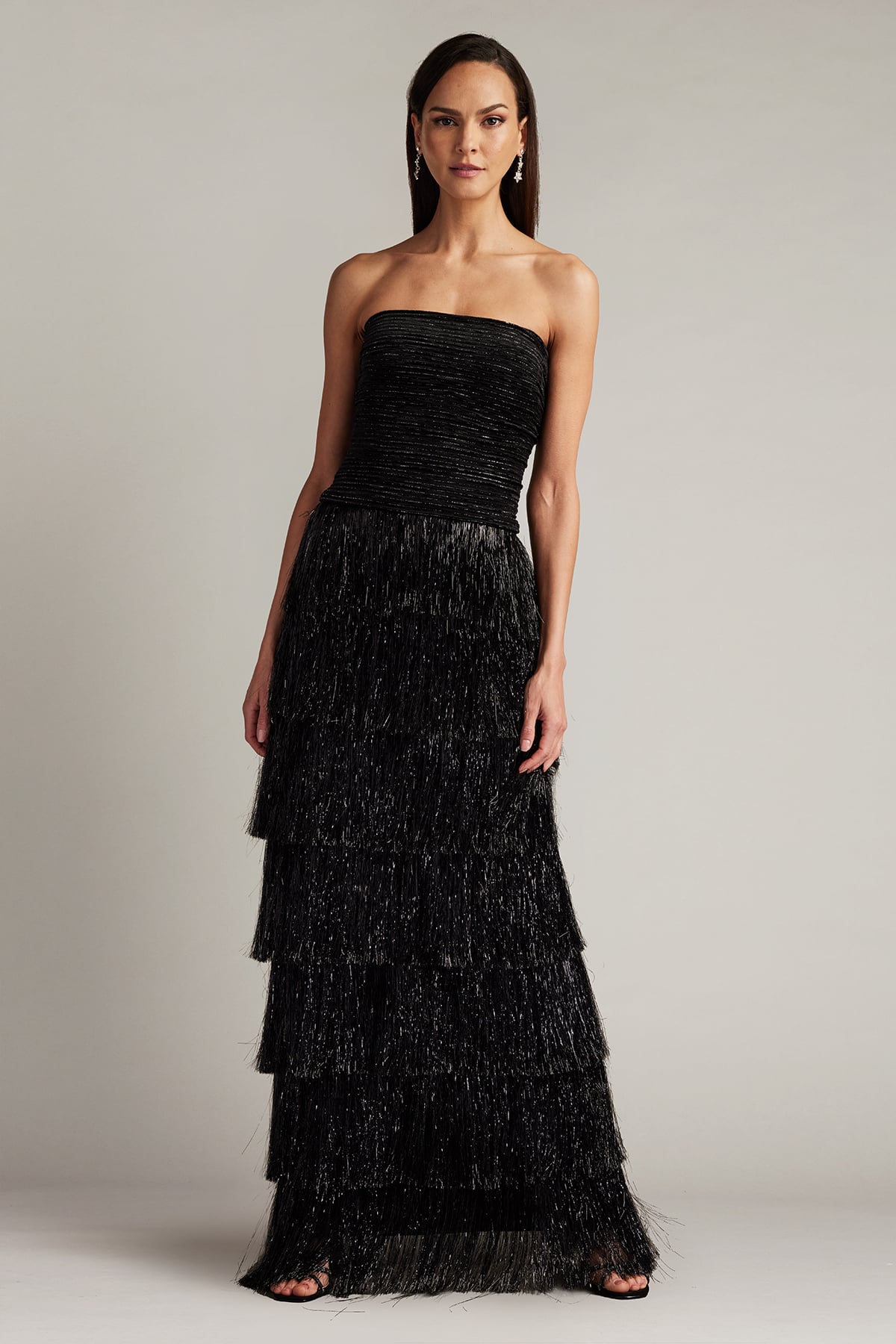 Black Strapless Floor-Length Shimmer Fringe Evening Tiered Gown with Back Slit Tadashi Shoji SCHC24665L