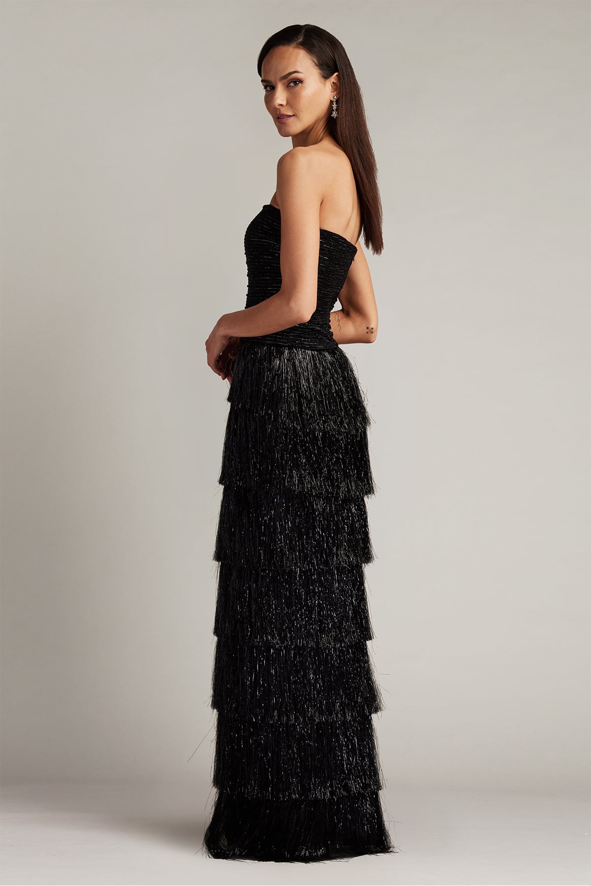 Black Strapless Floor-Length Shimmer Fringe Evening Tiered Gown with Back Slit Tadashi Shoji SCHC24665L