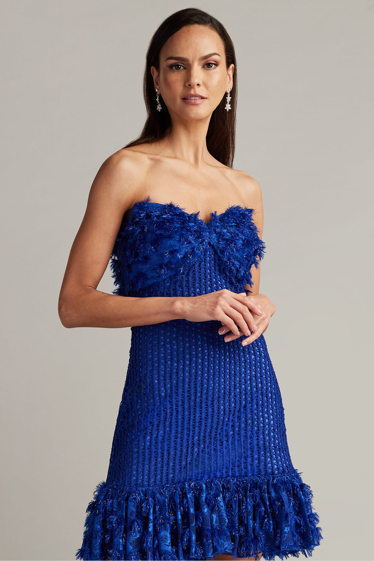 Neon Blue Strapless Floor-Length Floral Chiffon Cocktail Gown with Side Slit Tadashi Shoji SCHE24619S