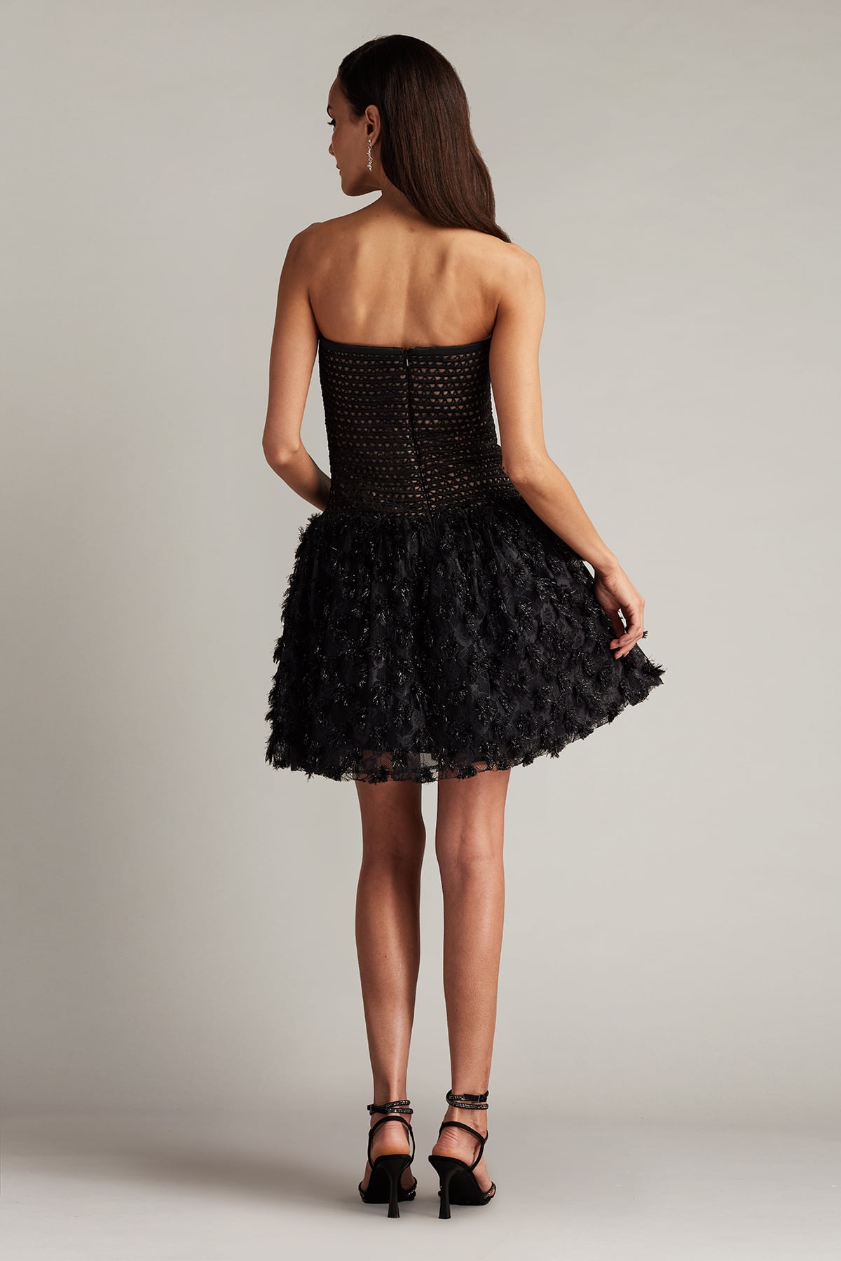 Black Strapless Mini Mesh Cocktail Dress with Feathered Skirt Tadashi Shoji SCHE24620S