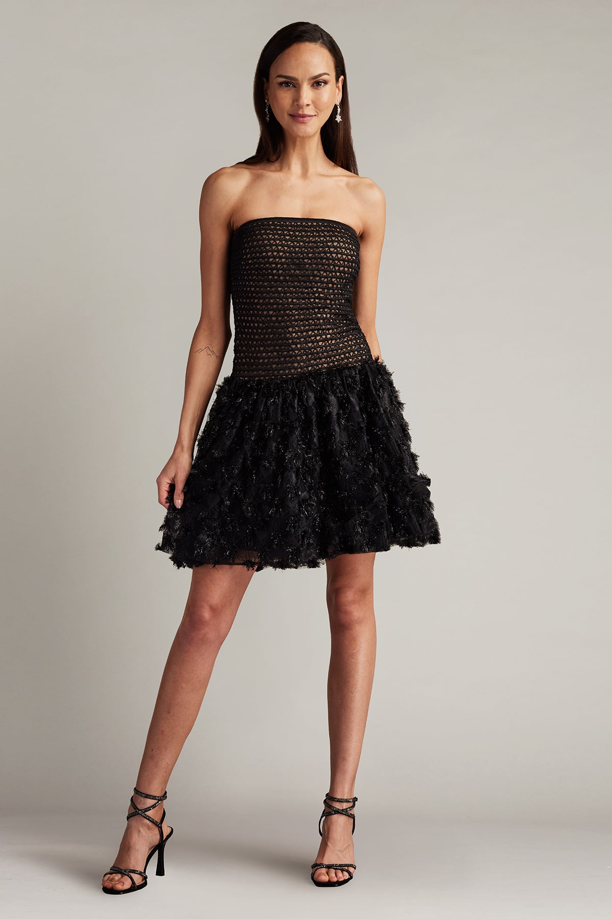 Black Strapless Mini Mesh Cocktail Dress with Feathered Skirt Tadashi Shoji SCHE24620S