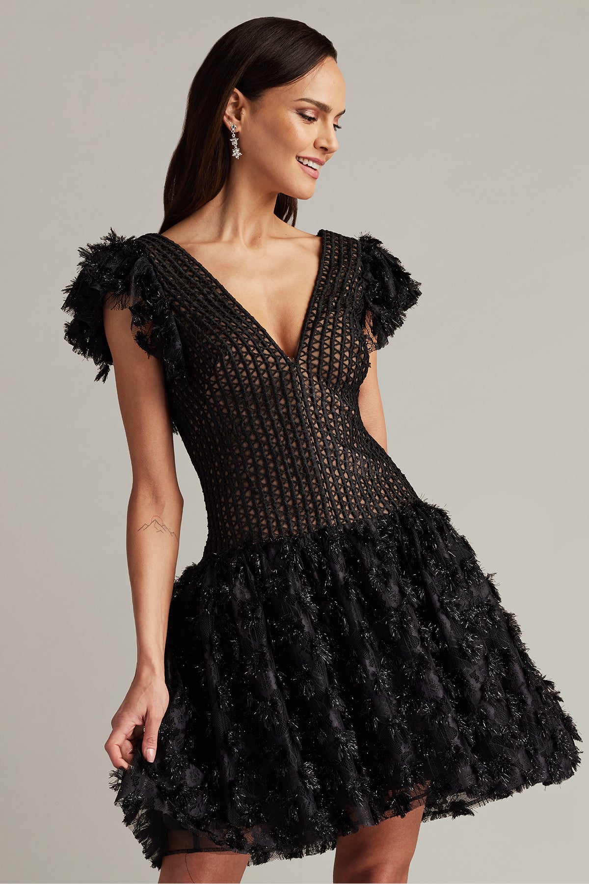 Black V-Neck Mini Mesh Cocktail Dress with Feathered Skirt Tadashi Shoji SCHE24623S