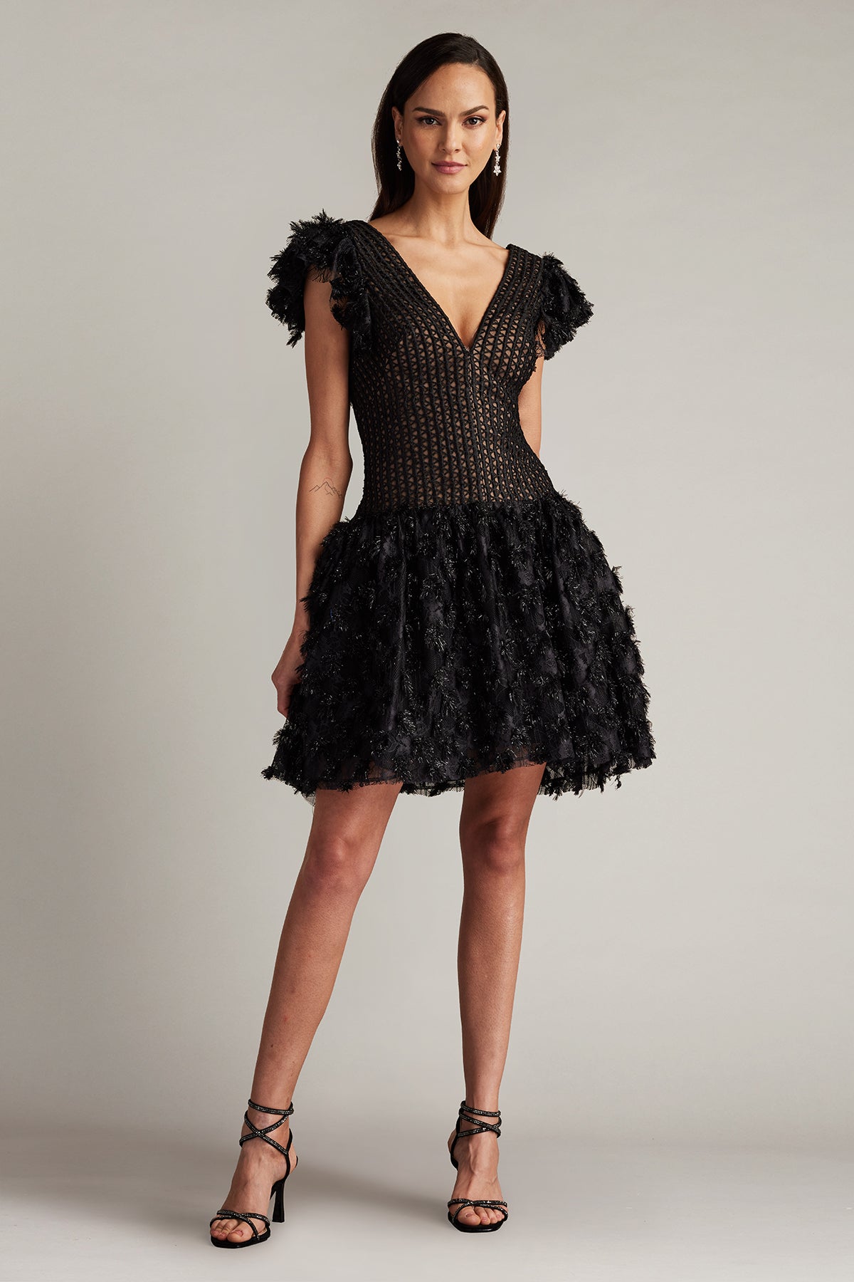 Black V-Neck Mini Mesh Cocktail Dress with Feathered Skirt Tadashi Shoji SCHE24623S