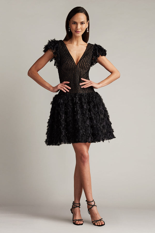V-Neck Mini Mesh Cocktail Dress with Feathered Skirt Tadashi Shoji SCHE24623S