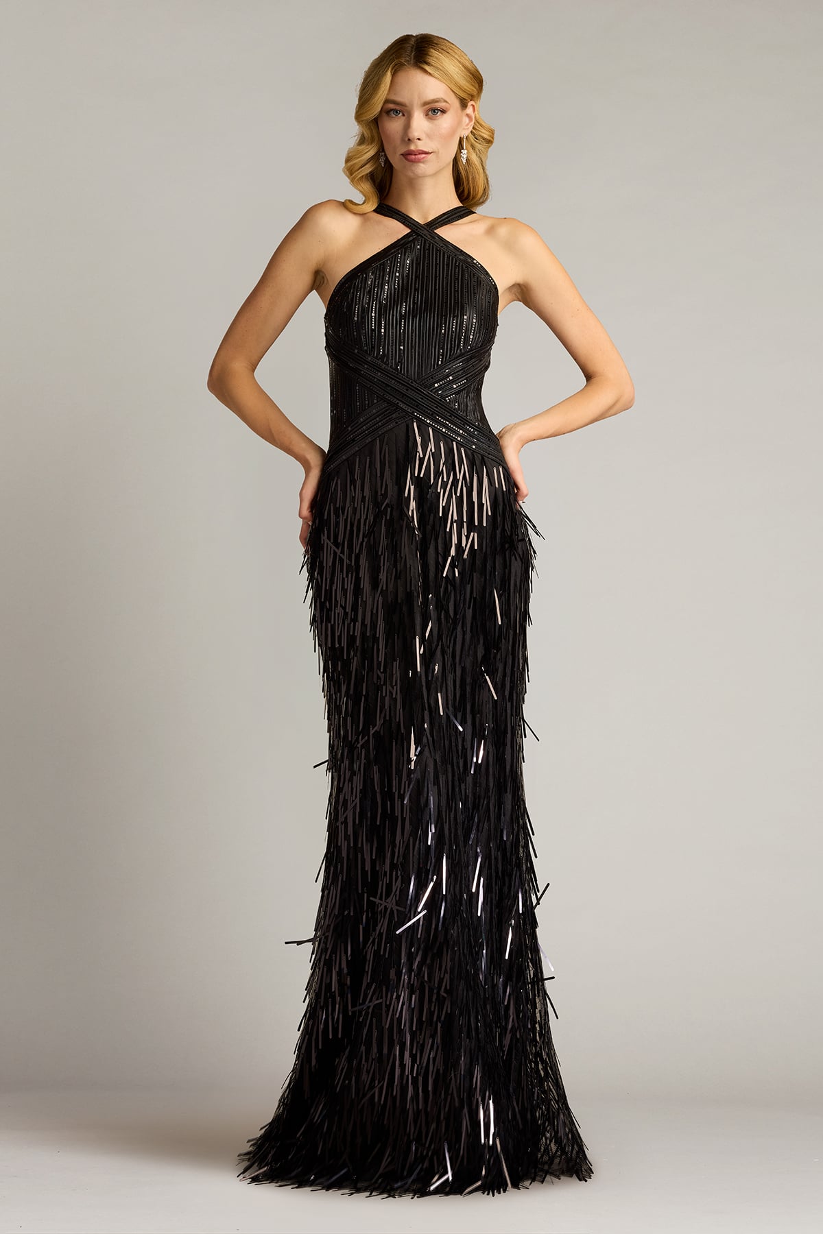 Black Criss-Cross Floor-Length Sequin Prom Gown with Fringe Tadashi Shoji SCHL25005L