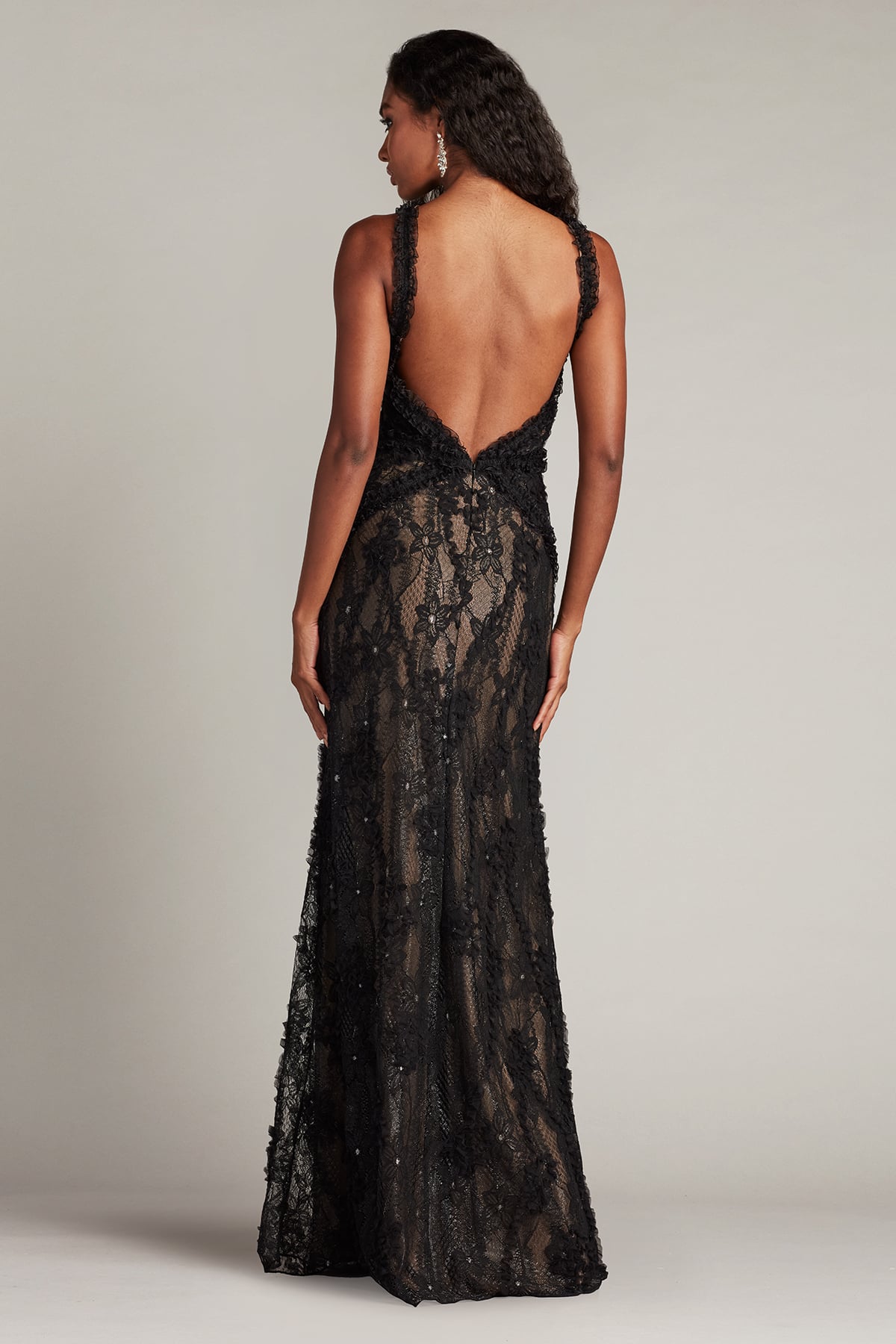 Black Halter Floor-Length Lace Prom Gown with Open Back Tadashi Shoji SCID25083L