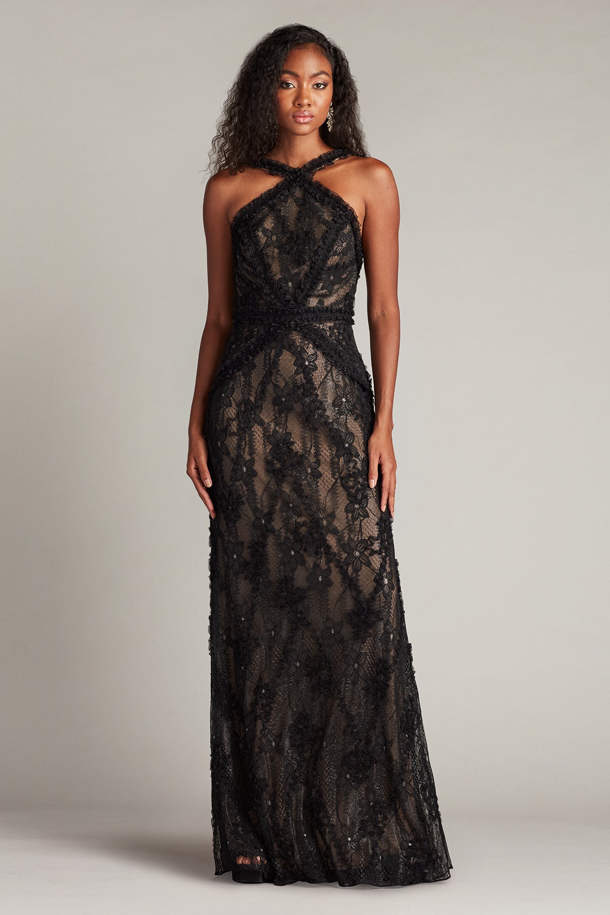 Black Halter Floor-Length Lace Prom Gown with Open Back Tadashi Shoji SCID25083L
