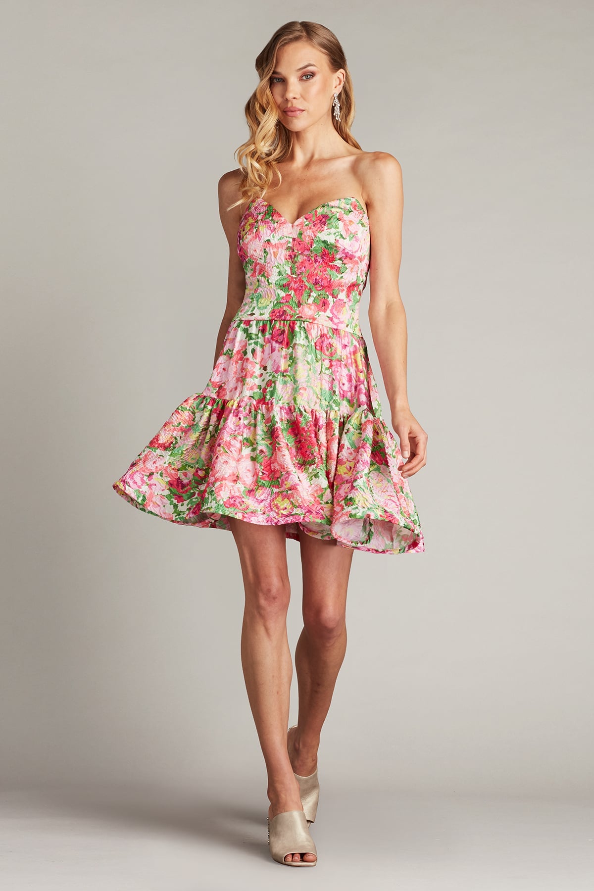 Pink Floral Sweetheart Mini Floral Brocade Tiered Cocktail Dress Tadashi Shoji SCIE25060S