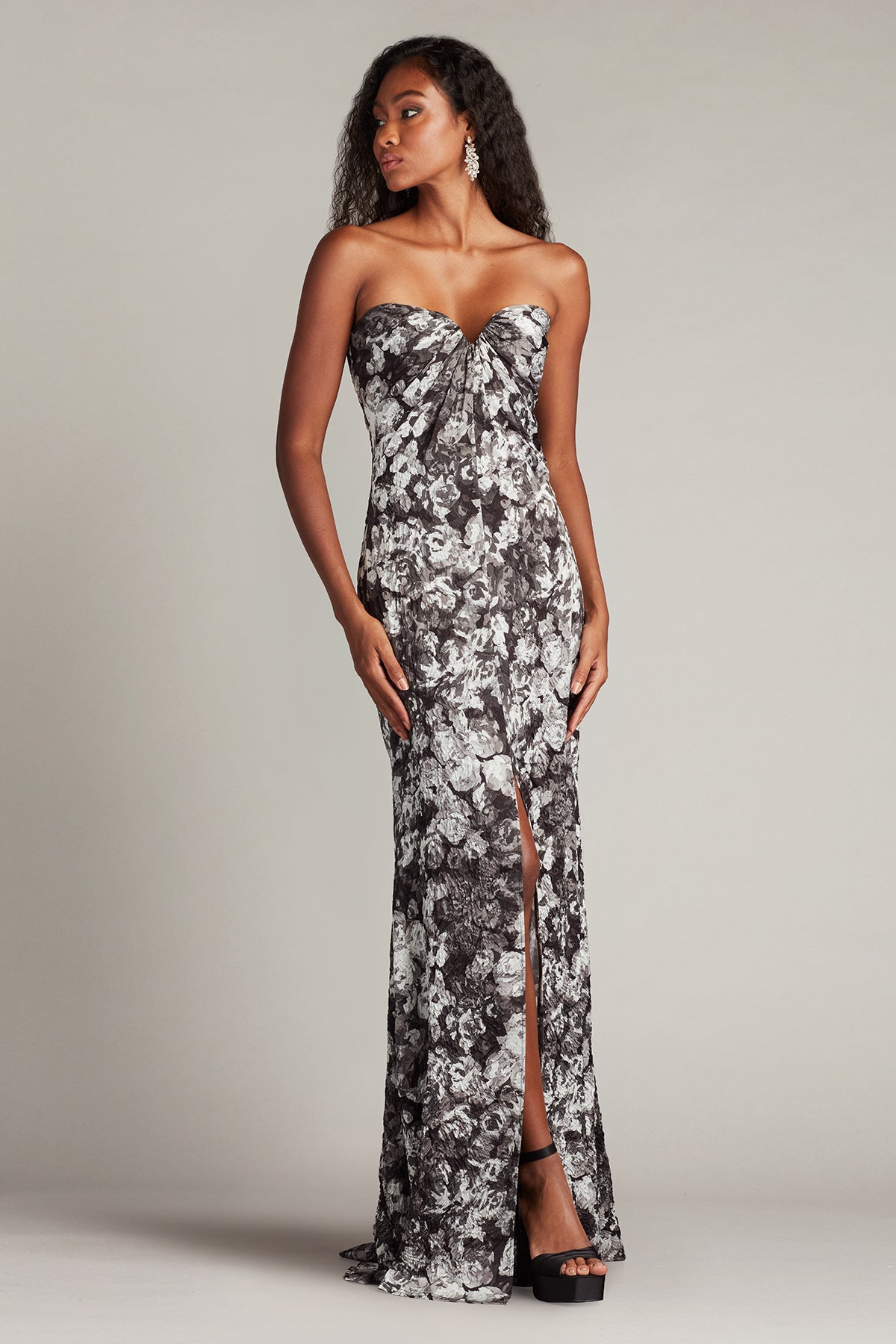 Ivory/Black Floral Sweetheart Floor-Length Floral Print Chiffon Formal Gown with Side Slit Tadashi Shoji SCIE25061L