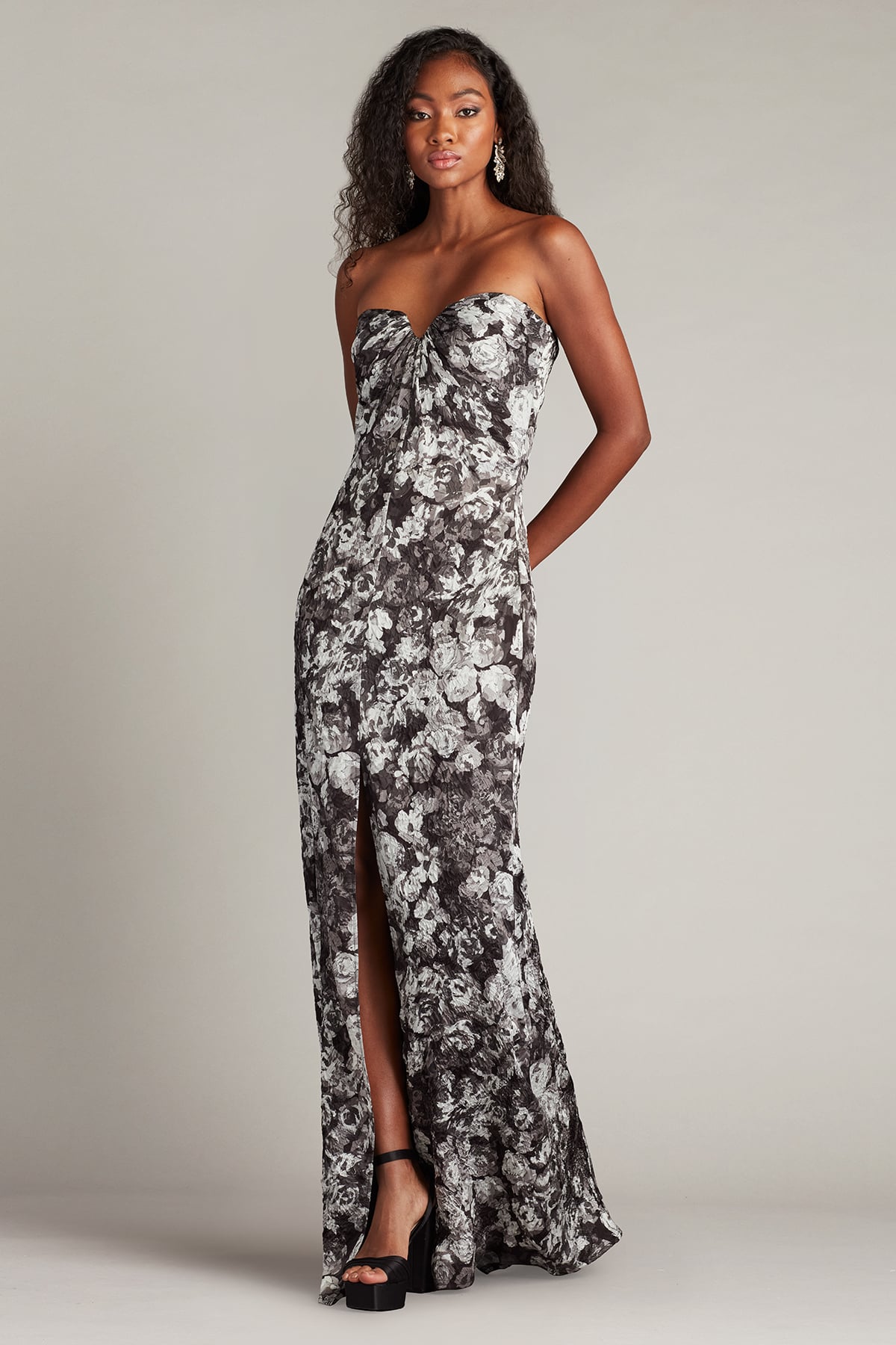 Ivory/Black Floral Sweetheart Floor-Length Floral Print Chiffon Formal Gown with Side Slit Tadashi Shoji SCIE25061L
