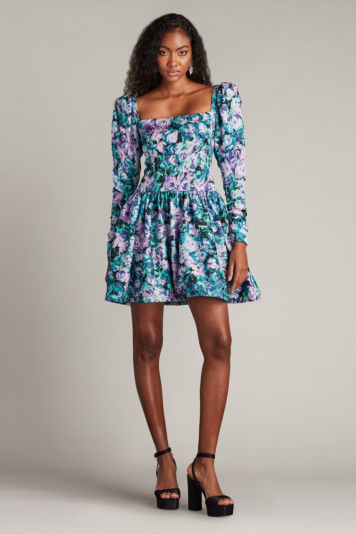 Lilac Floral Square Neck Mini Floral Jacquard Cocktail Dress with Puff Sleeves Tadashi Shoji SCIE25064S