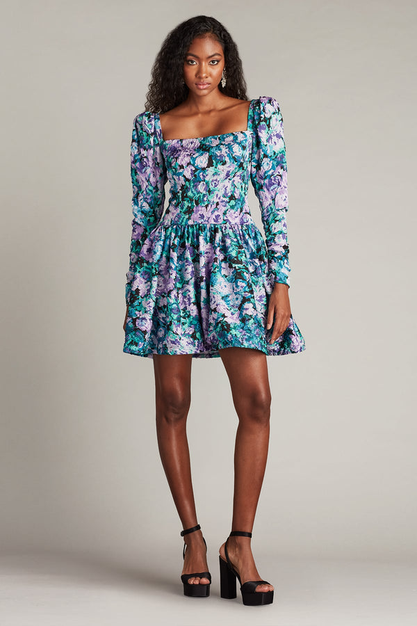Square Neck Mini Floral Jacquard Cocktail Dress with Puff Sleeves Tadashi Shoji SCIE25064S