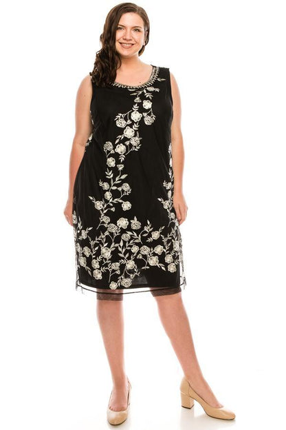 SD Collection Short Plus Size Floral Beaded Dress - The Dress Outlet
