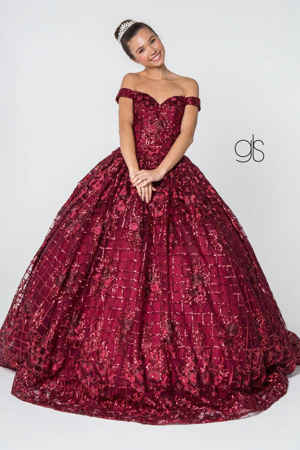 Sequin and Floral EmbroideryLong Mesh Quinceanera Dress