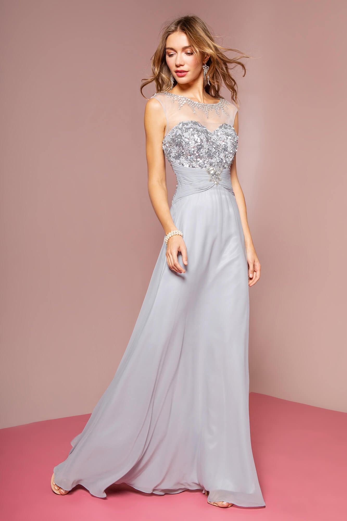 GLS Sequin Embellished Chiffon Long Prom Dress - Silver - XS - Illusion Bateau Neckline GLS Sequin Embellished Chiffon Long Prom Dress - Silver - XS - Illusion Bateau Neckline