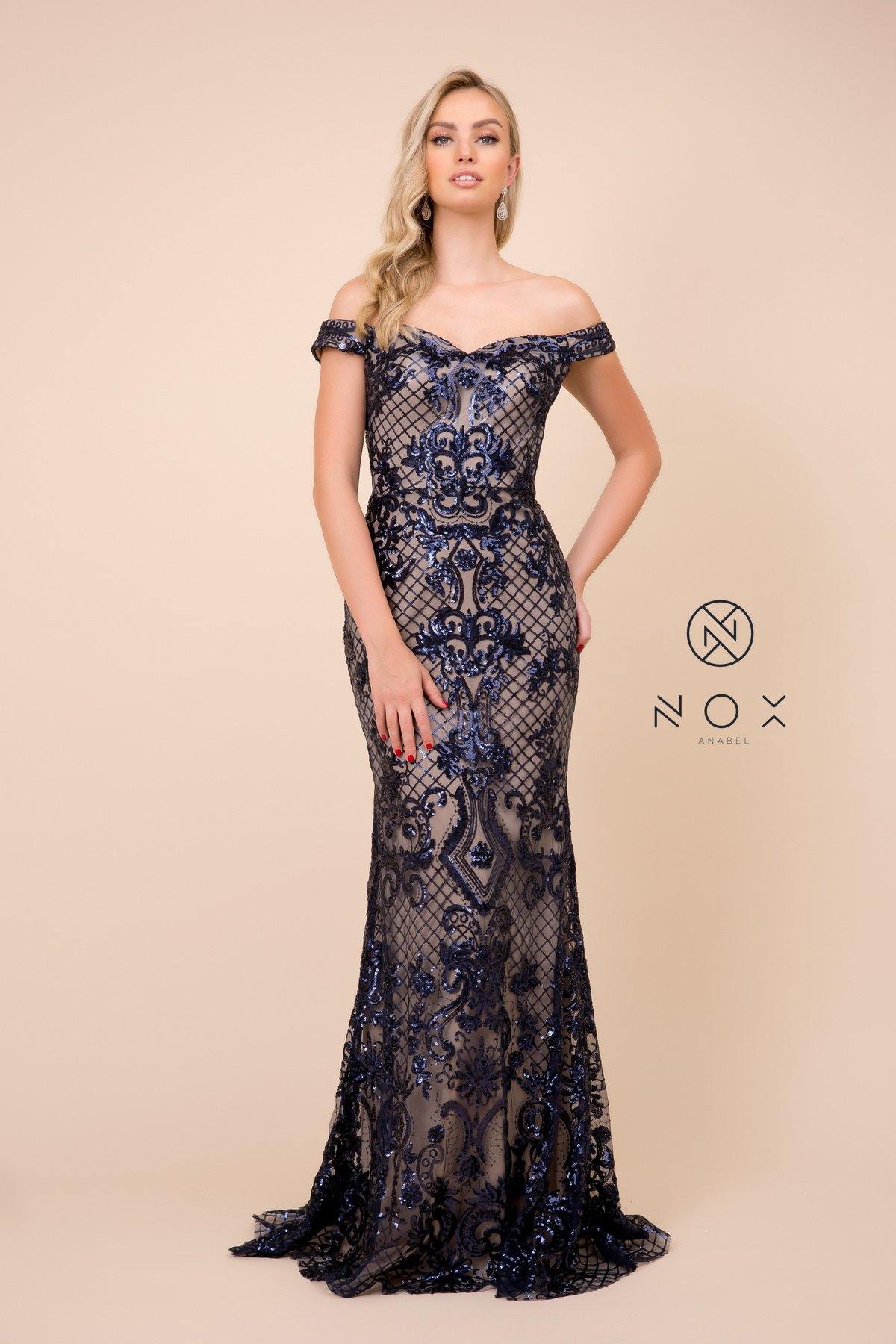Sequin Embroidered Long Fitted Prom Dress - The Dress Outlet Nox Anabel