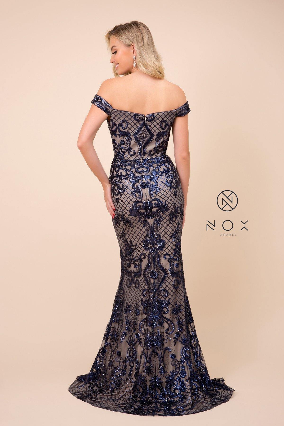 Sequin Embroidered Long Fitted Prom Dress - The Dress Outlet Nox Anabel