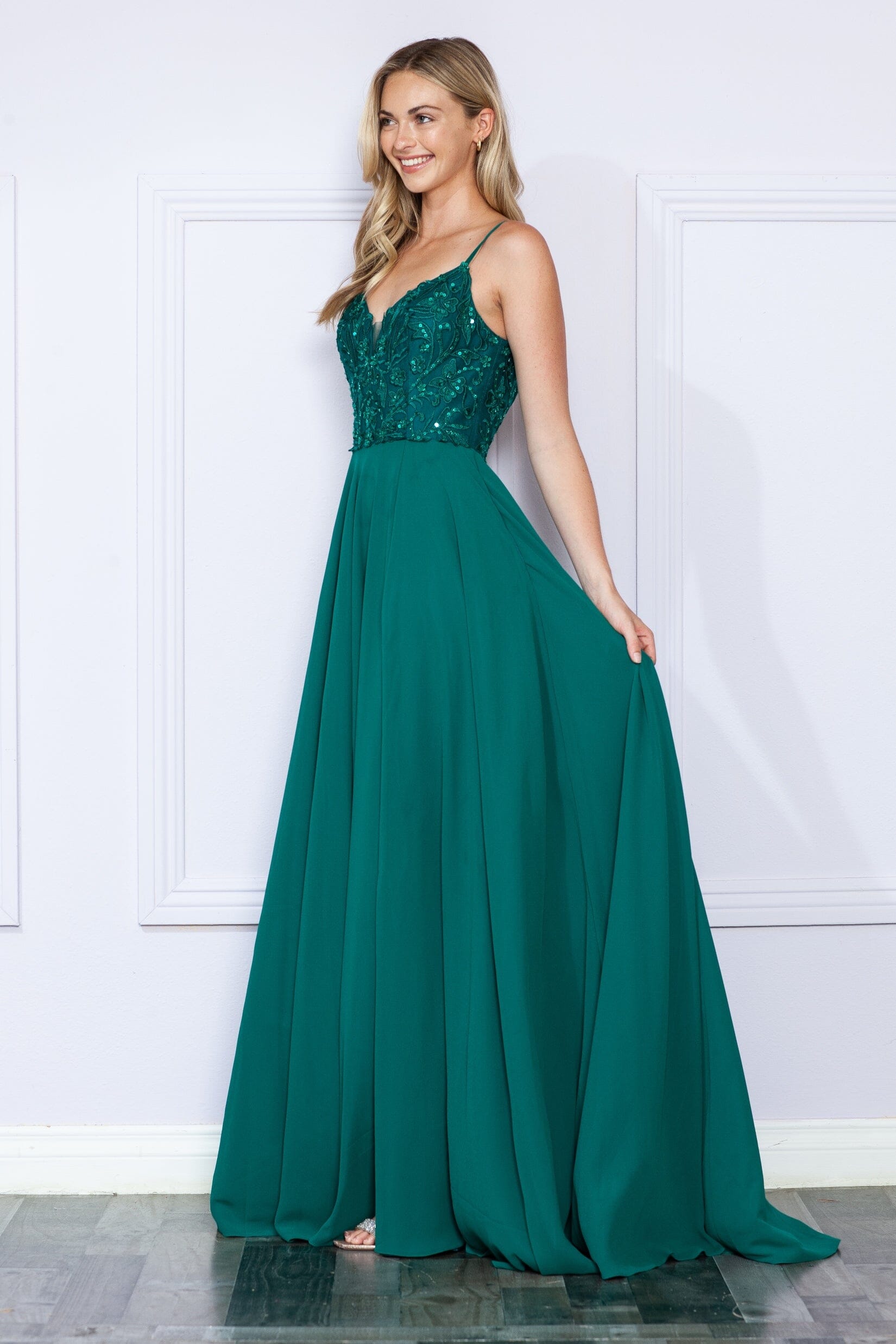 Emerald V Neck Floor Length Glitter Chiffon Prom Dress with Sweep Train Formal Gown Poly USA 9368