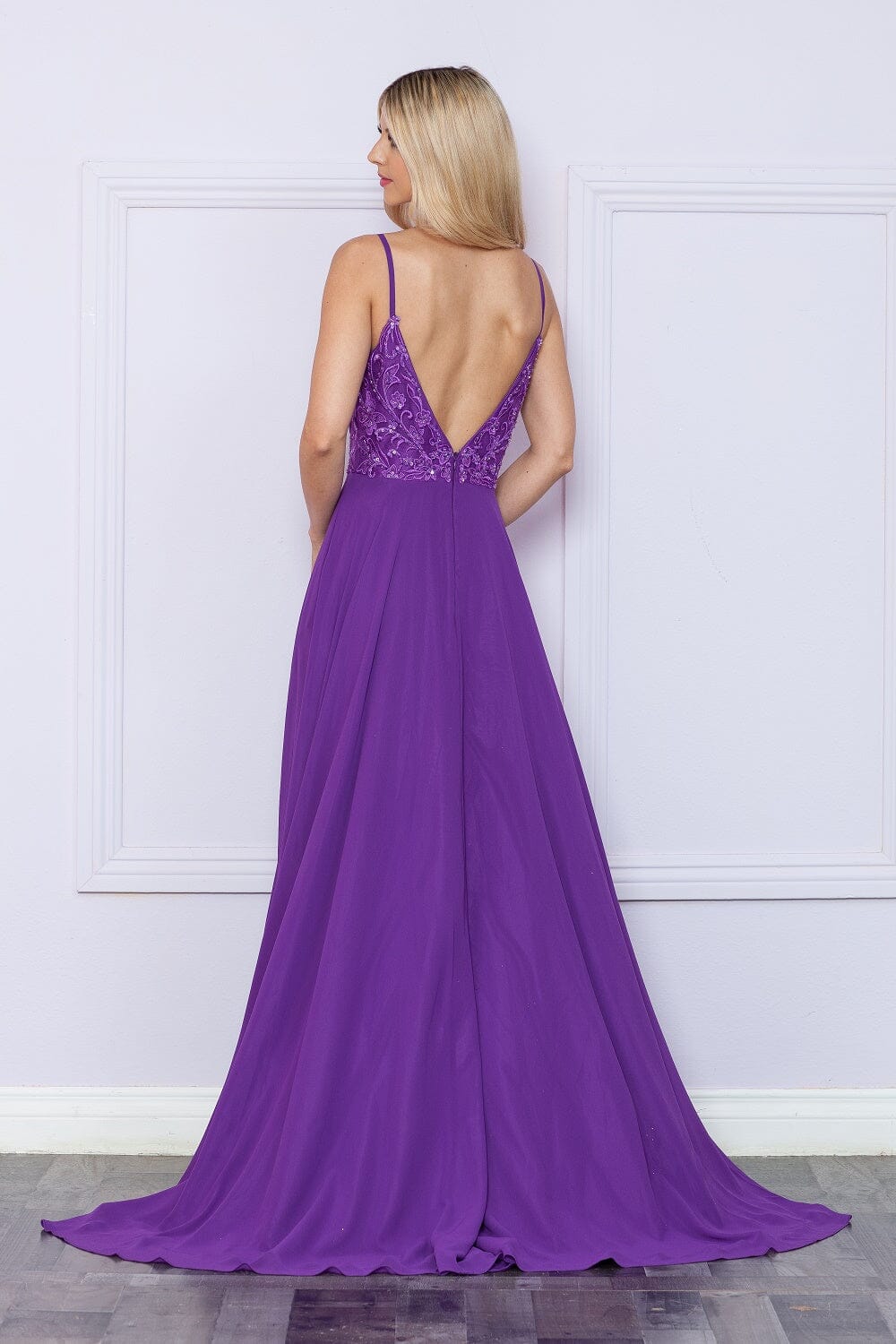 Purple V Neck Floor Length Glitter Chiffon Prom Dress with Sweep Train Formal Gown Poly USA 9368