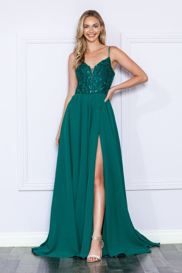 V Neck Floor Length Glitter Chiffon Prom Dress with Sweep Train Formal Gown Poly USA 9368