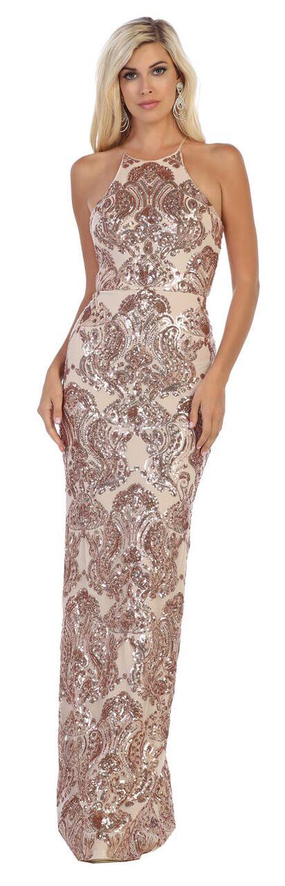 Sequin Long Beaded Open Back Prom Dress - The Dress Outlet May Queen