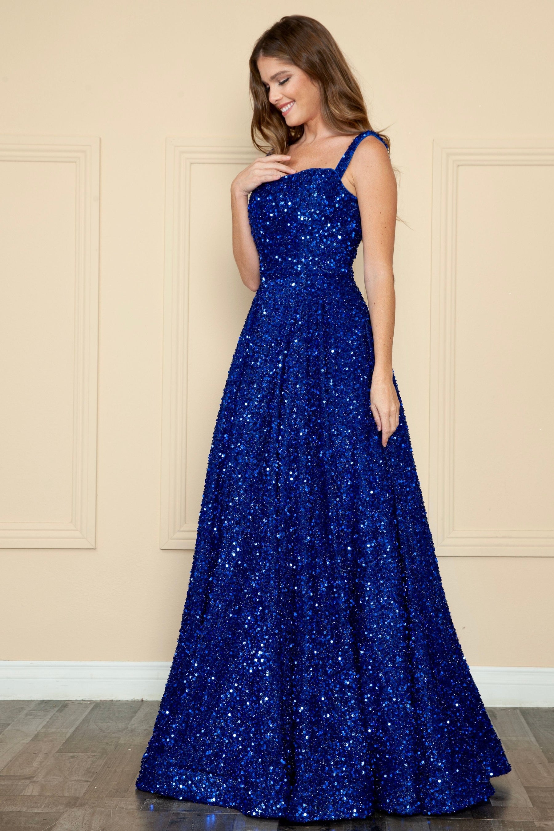 Royal Square Neck Floor-Length Sequin Prom Gown with A-Line Skirt Poly USA 9106
