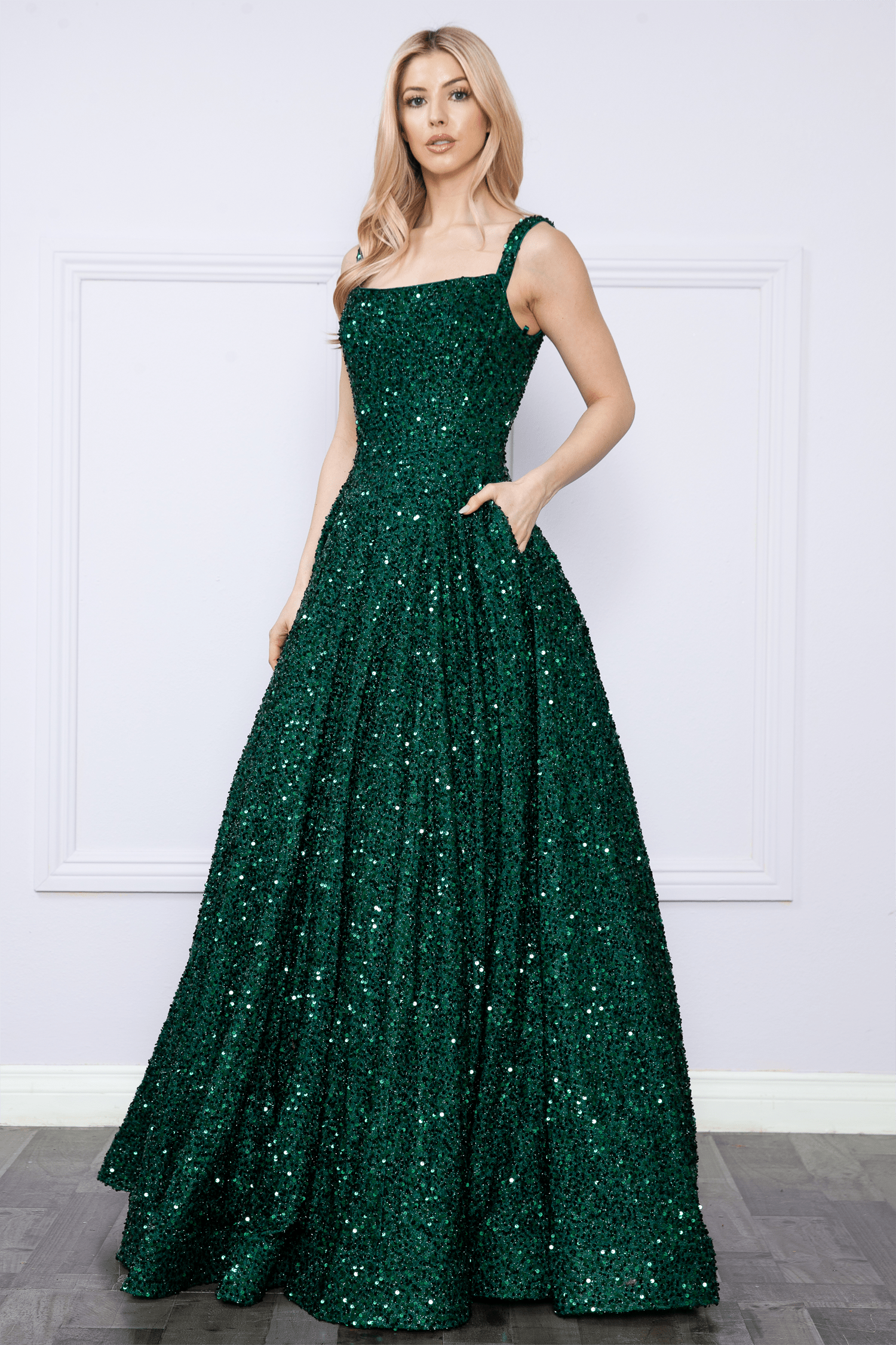 Emerald Square Neck Floor-Length Sequin Prom Gown with A-Line Skirt Poly USA 9106