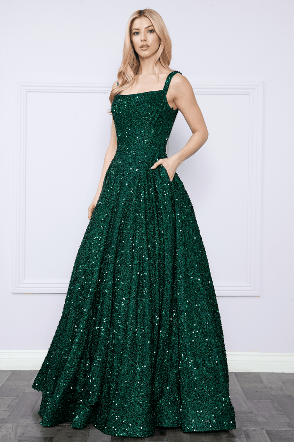 Square Neck Floor-Length Sequin Prom Gown with A-Line Skirt Poly USA 9106