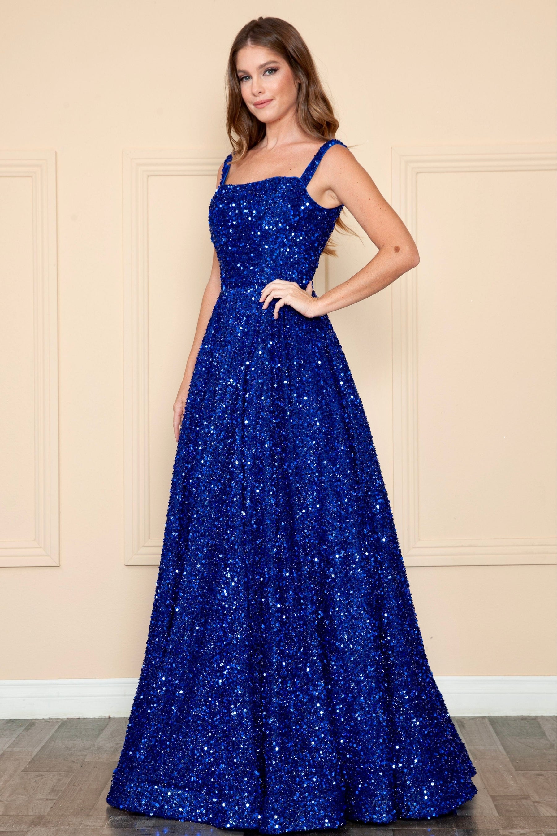 Royal Square Neck Floor-Length Sequin Prom Gown with A-Line Skirt Poly USA 9106