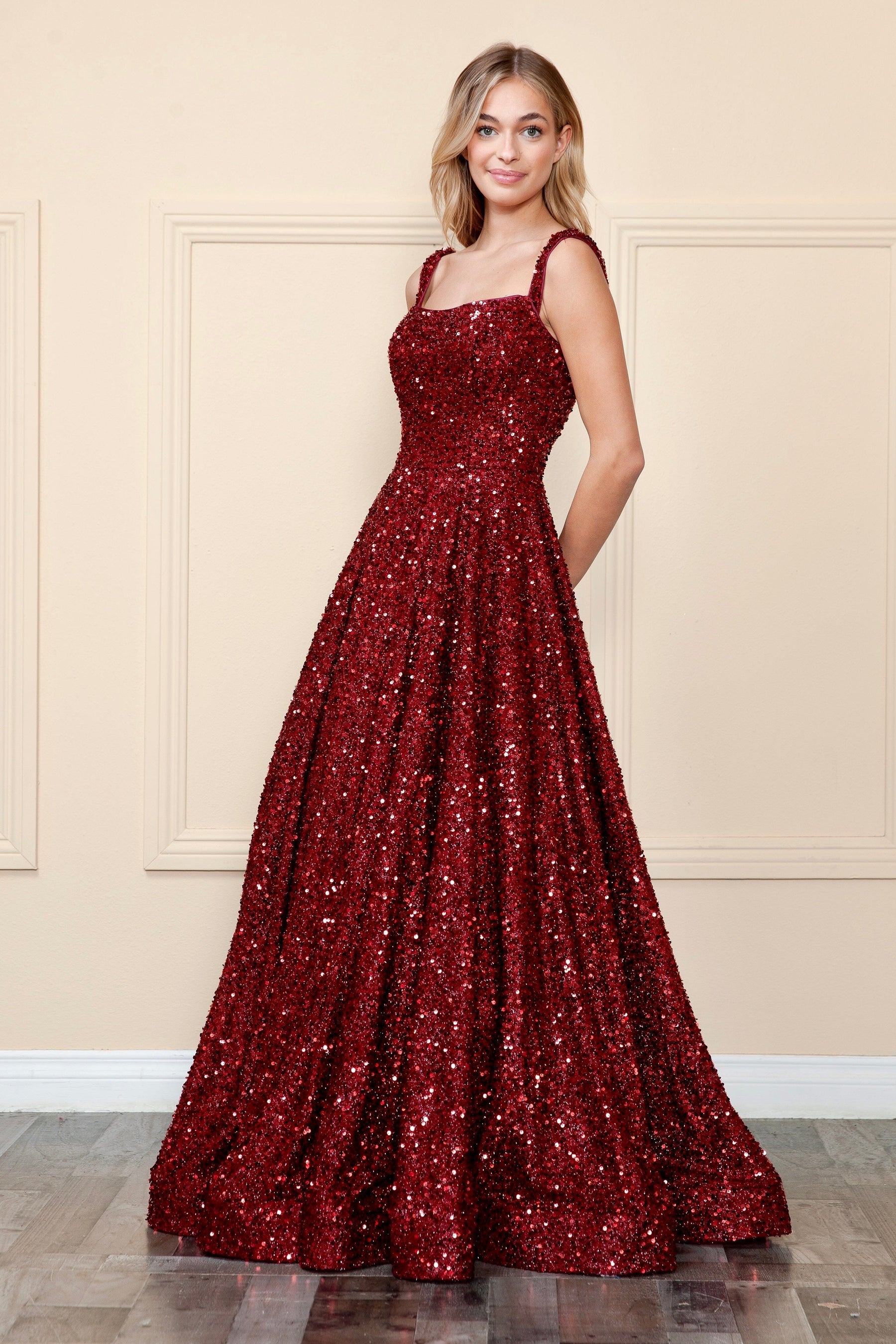 Wine Square Neck Floor-Length Sequin Prom Gown with A-Line Skirt Poly USA 9106
