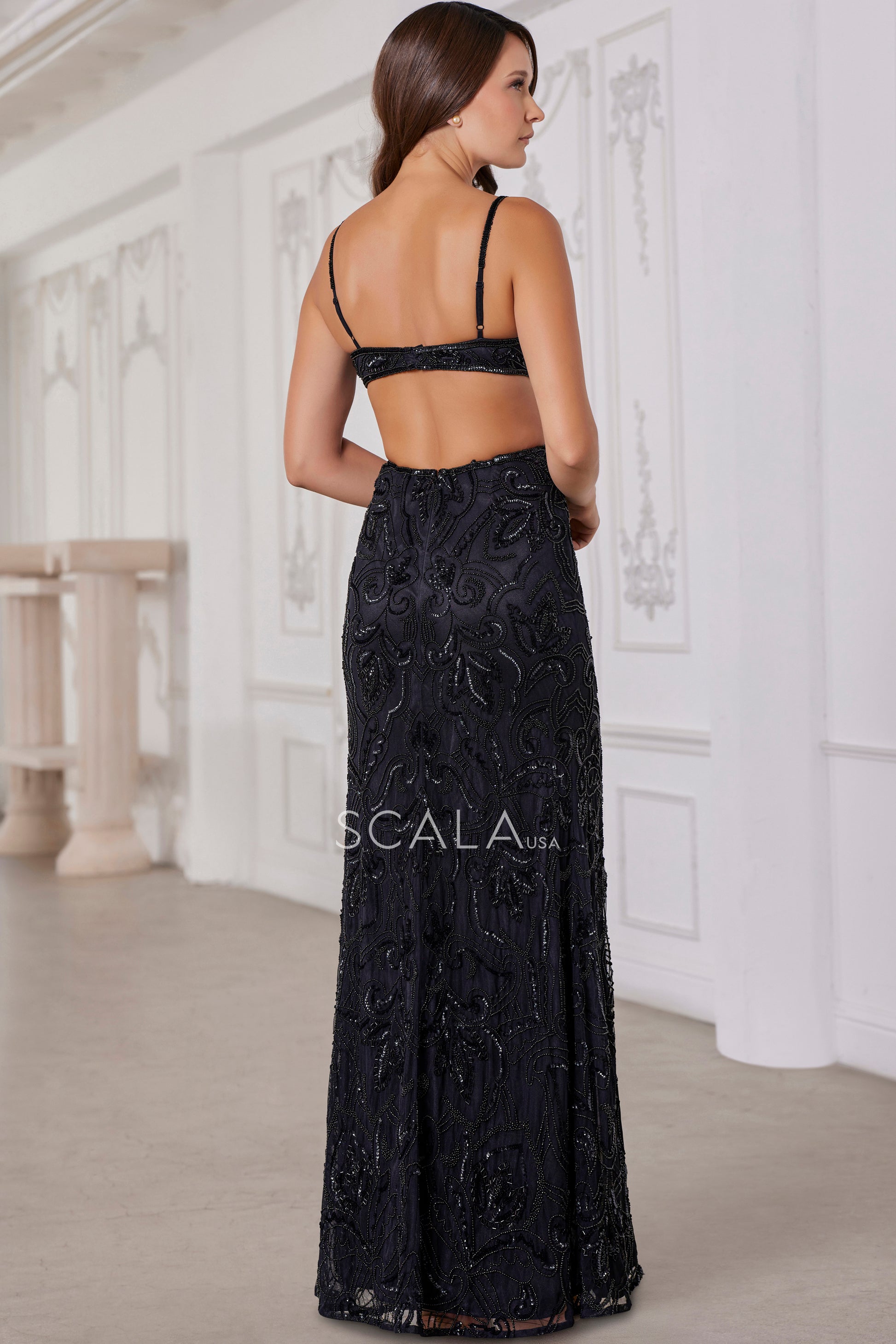Scala 80119 Long Fitted Slit Beaded Formal Evening Prom Dress
