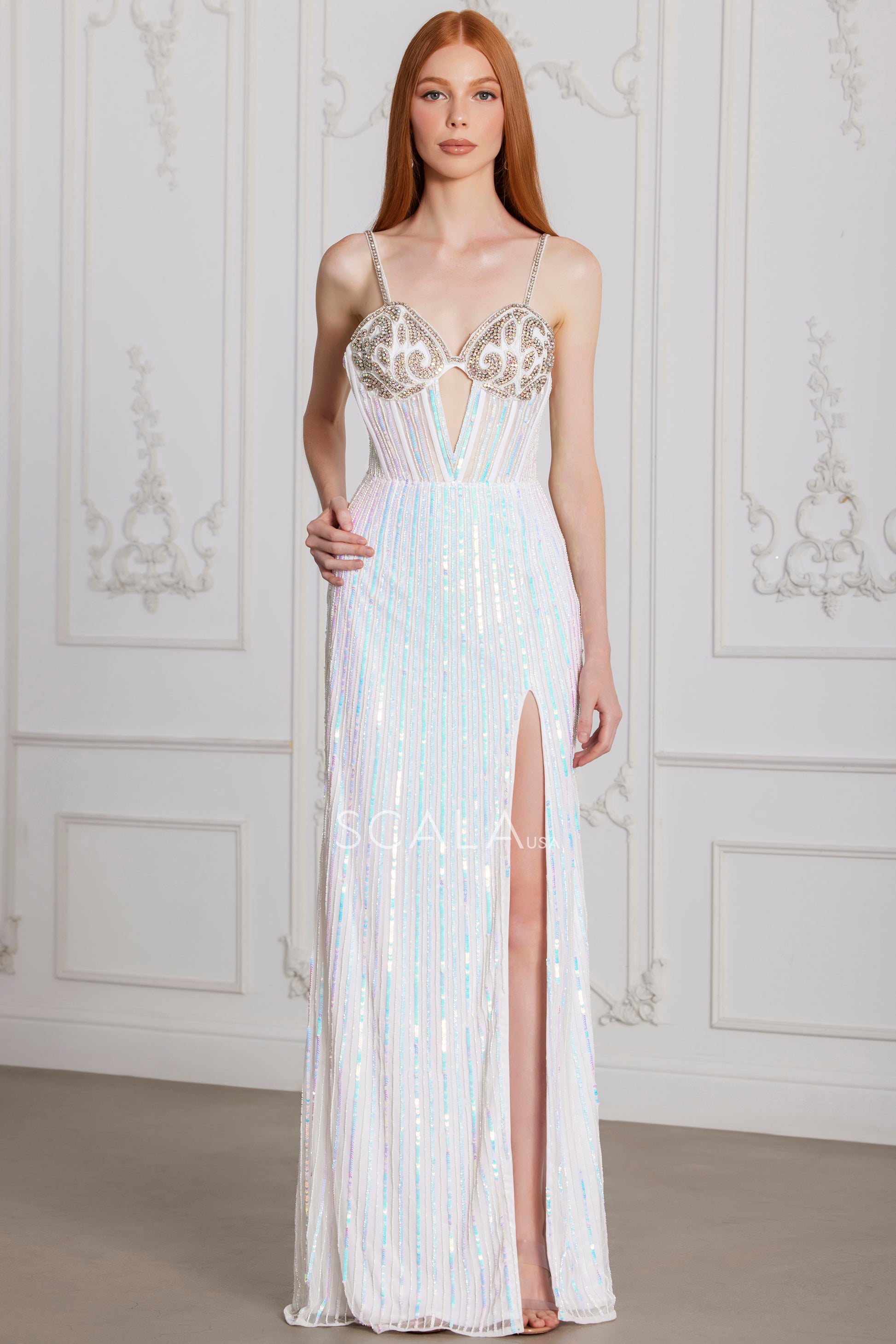 Scala 80137 Long Sequin Formal Beaded Slit Prom Dress