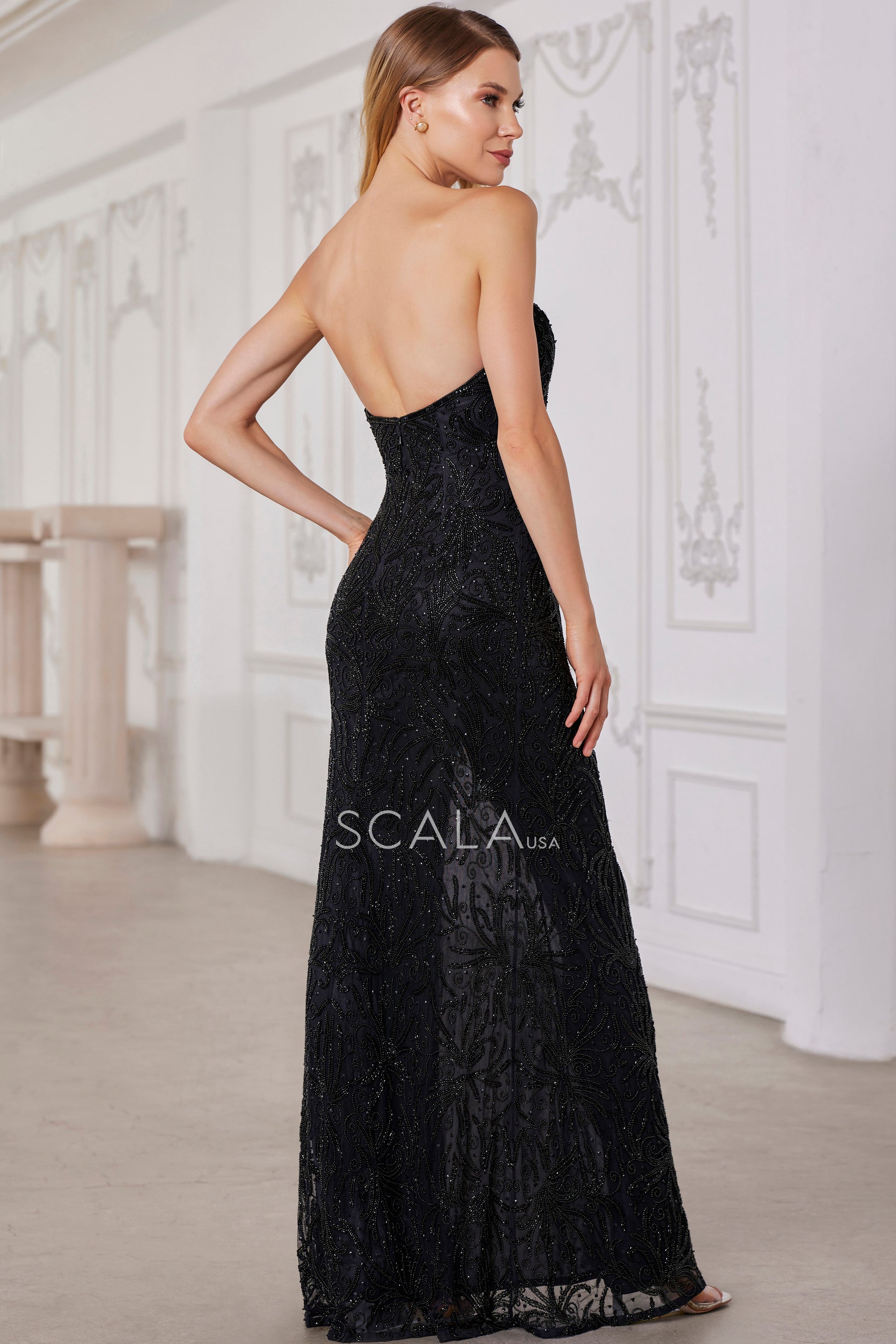 Scala 80109 Prom Long Fitted Slit Formal Beaded Evening Dress