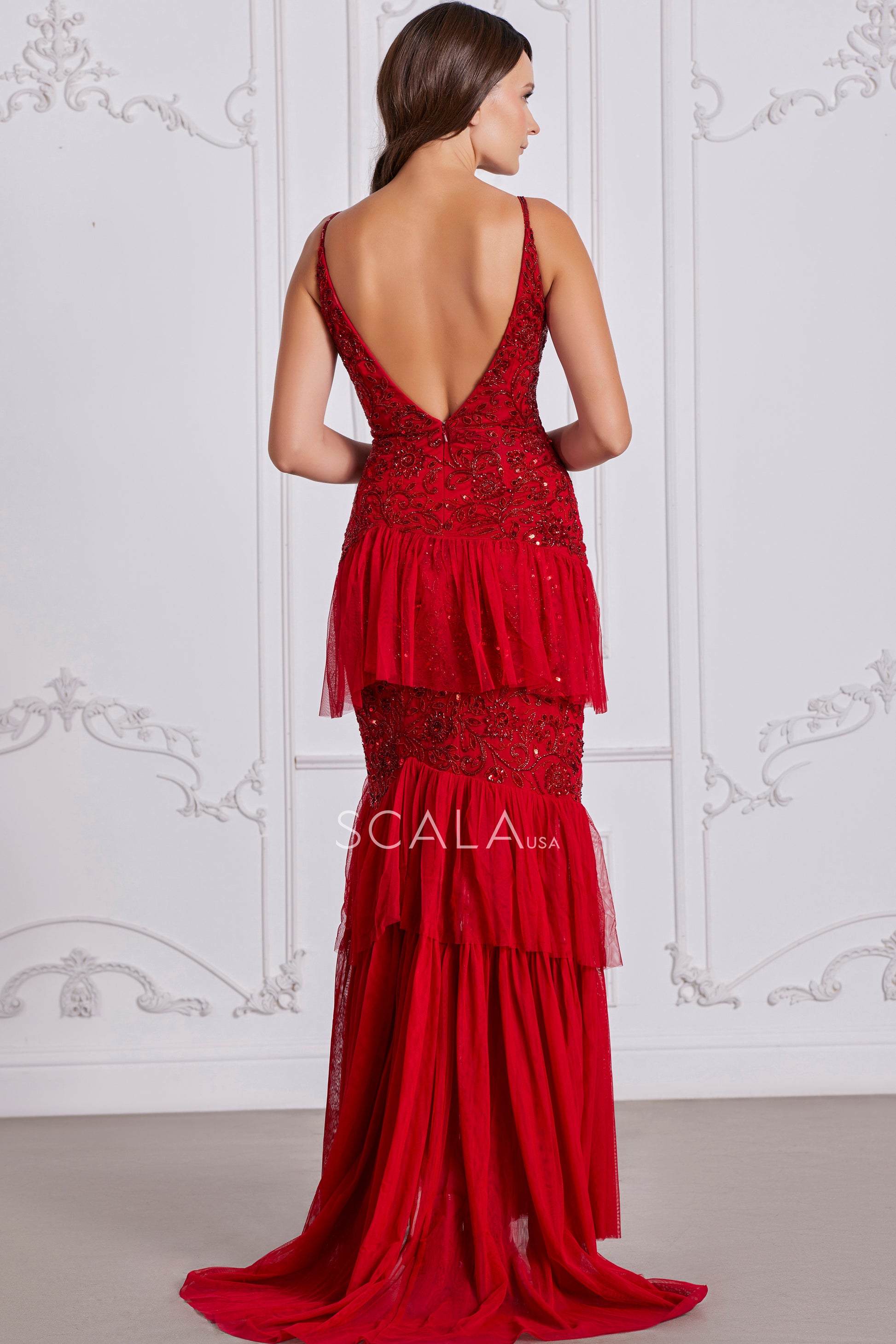 Scala 80118 Prom Long Beaded Lace Applique Ruffle Formal Dress